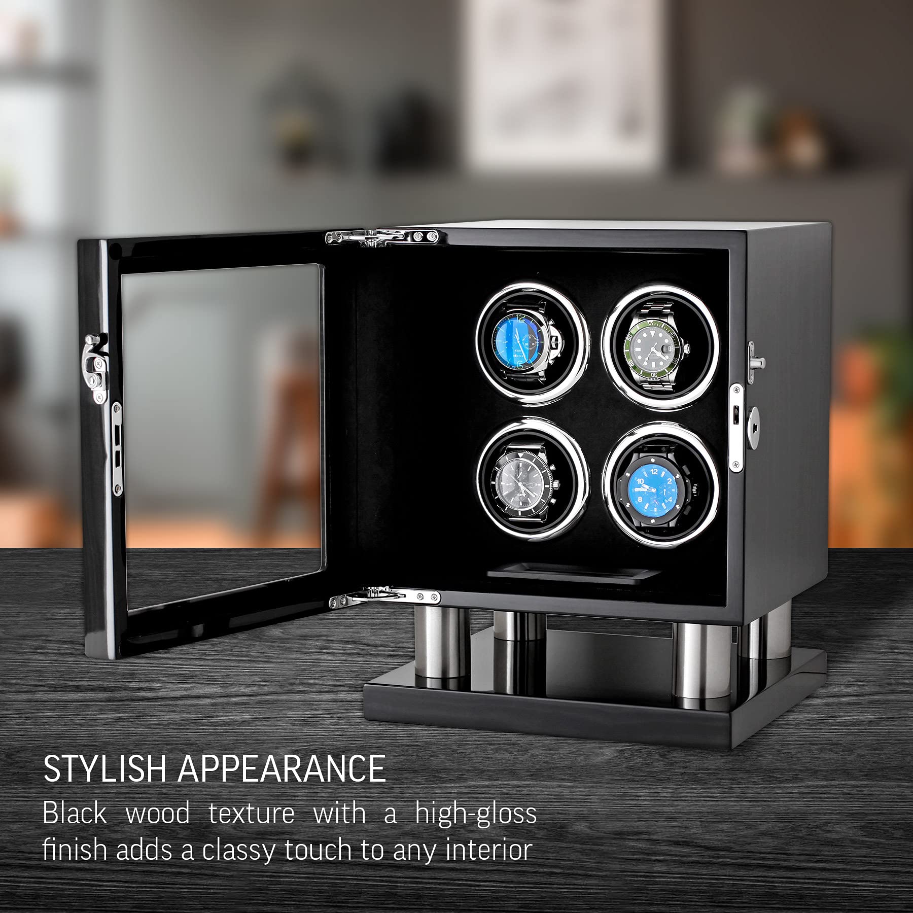 Watch Winder for 4 Automatic Watches with LED Light, LCD Display and Motor-Stop Option (Black & Grey)