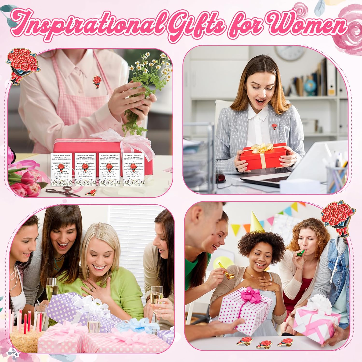 Landical Inspirational Gifts Bulk Flowers Bouquet Enamel Pin Motivational Cards Awesome Floral Pin for Women Employee