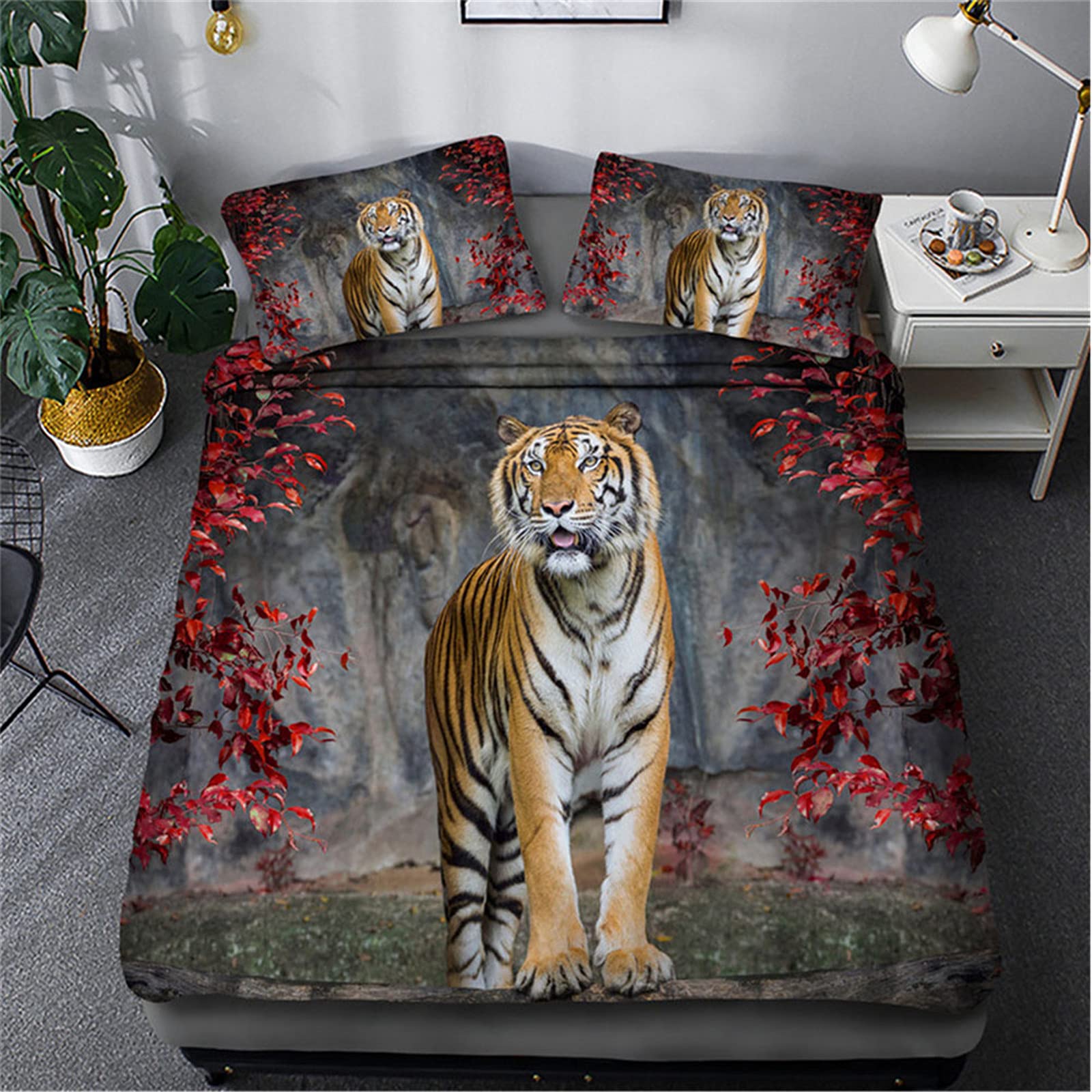 Meiju-Shop Men's Red Leaf Forest Meiju 3D Bedding Set For Single Double Super King Duvet Cover Set 3 Piece, Lion Tiger Printed Microfibre Bed Set With Quilt Cover With Zipper & Pillowcases 50X75cm (,135X200cm)