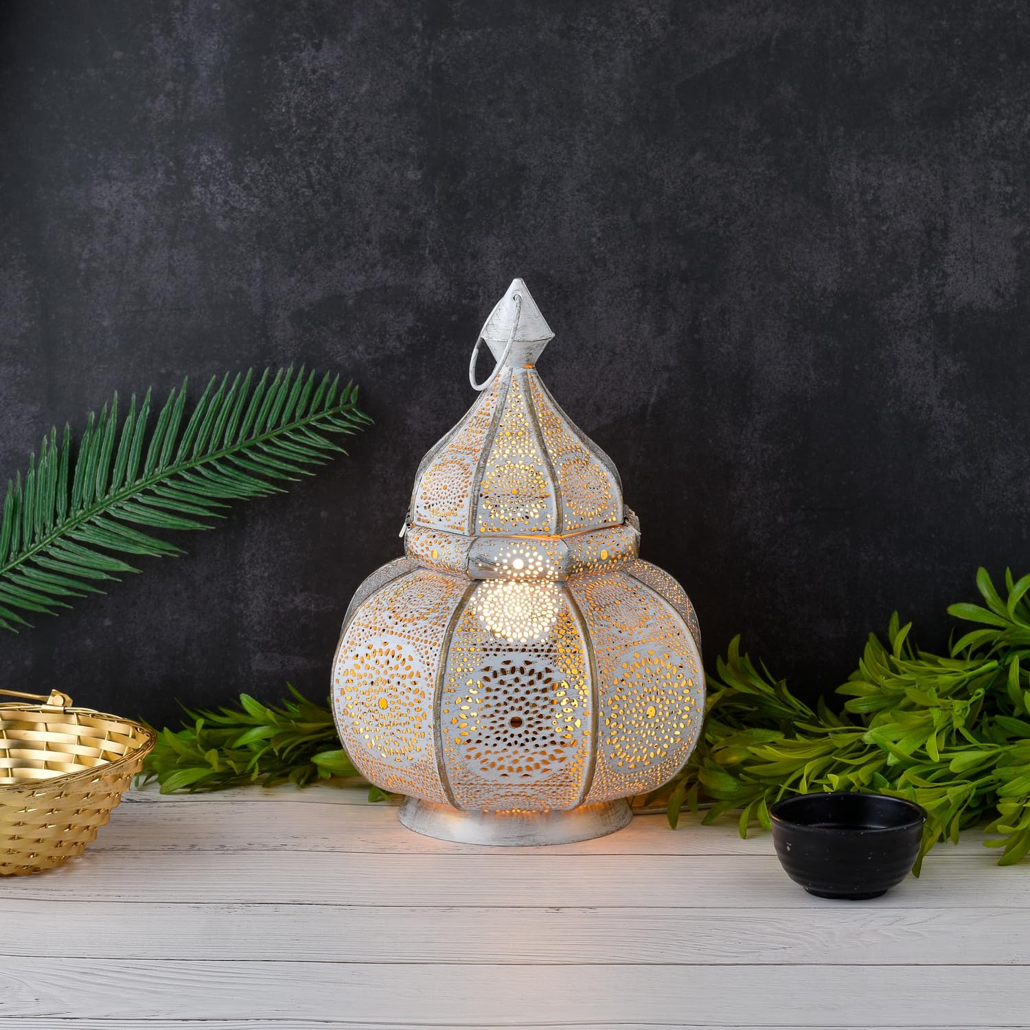 Marrakech - Lámpara de mesa y farol (metal, 30 cm), diseño oriental, color blanco