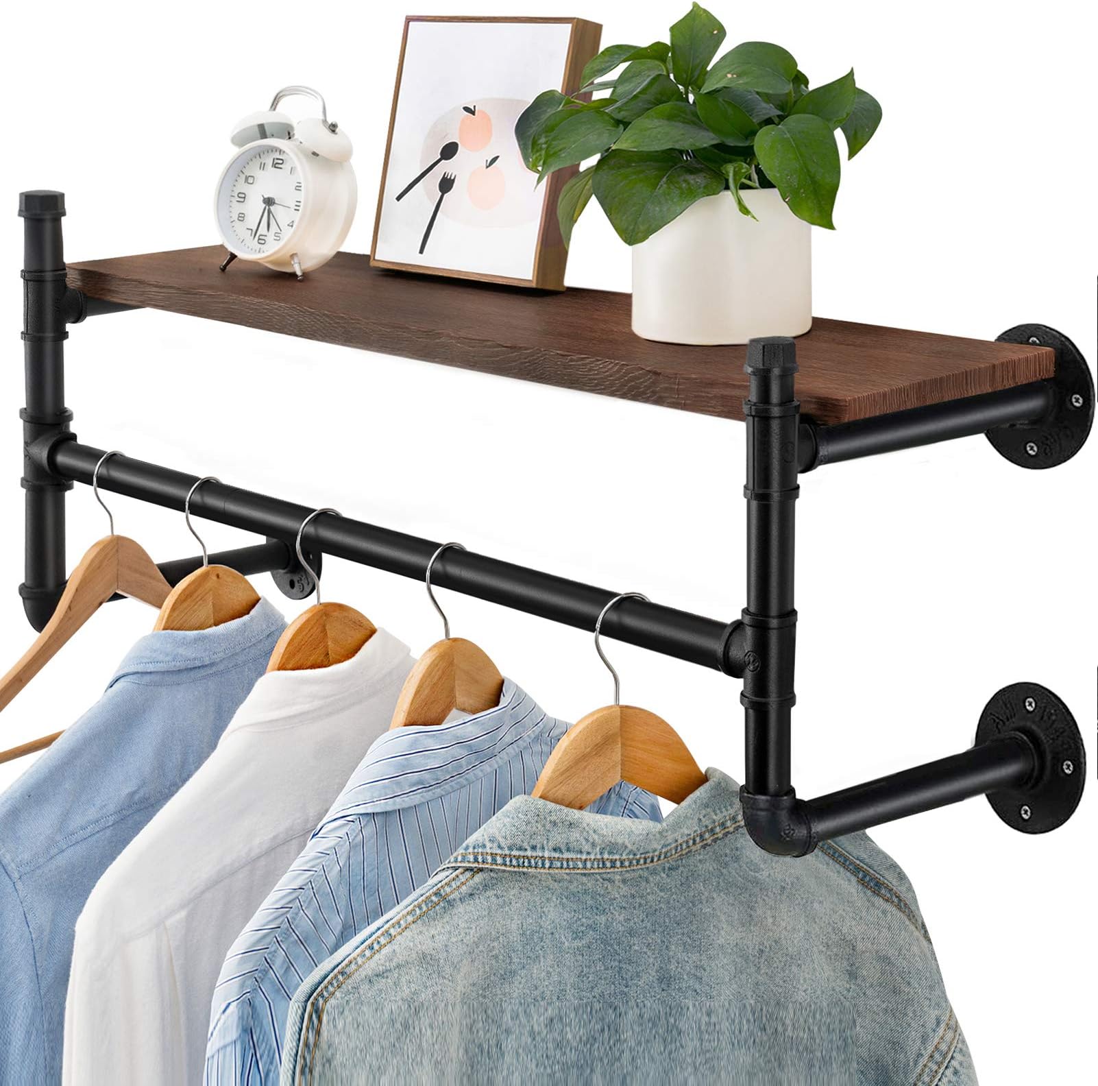 Oyydecor Industrial Pipe Clothes Rack, Heavy Duty Wall Mounted Black Iron Garment Rack Bar, Multi-Purpose Hanging Rod for Closet Storage, Laundry Room (44'')