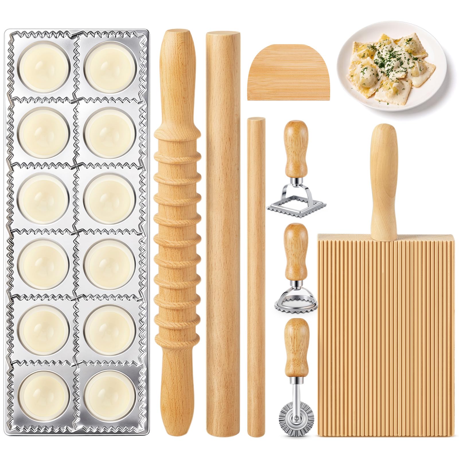Tioncy 9 Pcs Ravioli Mold Kit, Classic Gnocchi Board with Ravioli Mold Set