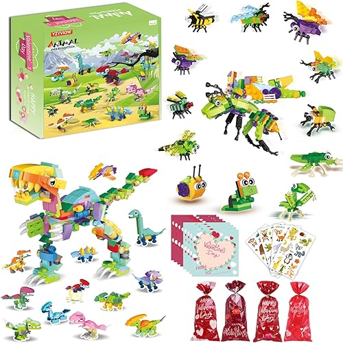 Regalos del día de San Valentín para niños 24 dinosaurios + insectos bloques de construcción con tarjetas del día de San Valentín, cintas, bolsas de