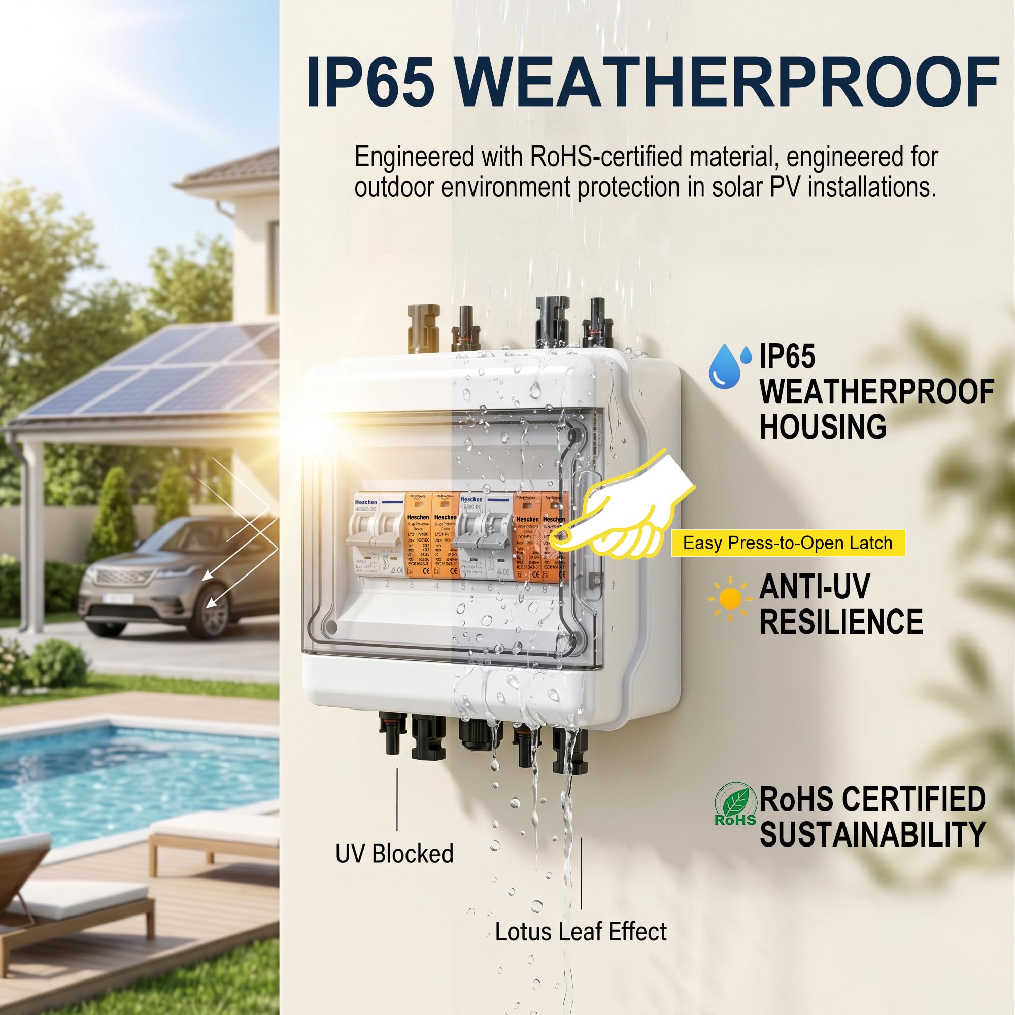 Heschen Scatola combinata PV a 2 corde, 500 V DC, scatola di collegamento fotovoltaica pronta all'uso, con spina MC4, 2 fusibili automatici da 32 A e protezione da sovratensione da 1000 V, 40 kA, IP65