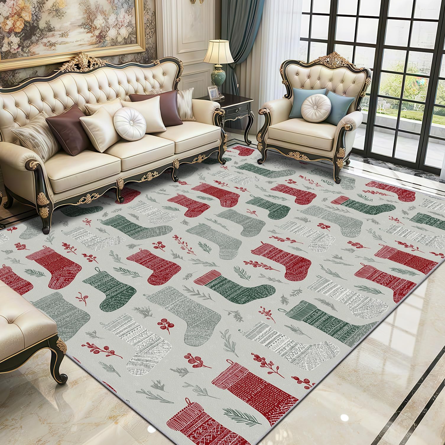 TerroVee Christmas Area Rugs for Living Room 80x150 - Red Green Xmas Rug for Bedroom, Holiday Stocking Non Slip Washable Short Pile Carpet, Christmas Room Decor