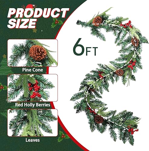 Miniatura 2 de Guirnalda de Navidad de 6 pies con luces, guirnaldas de Navidad artificiales con bayas rojas y cono de pino para chimenea, pared, mesa, habitación,