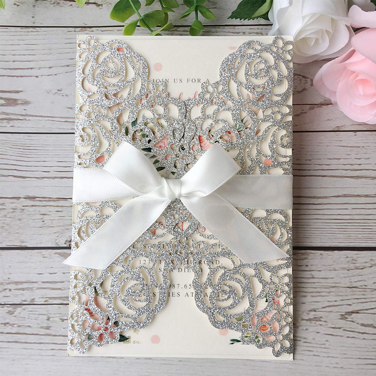 20 Pezzi Invito a nozze tagliati al laser Argento con busta bowknot per matrimonio partecipazioni di nozze, 20 pezzi (Glitter Argento)