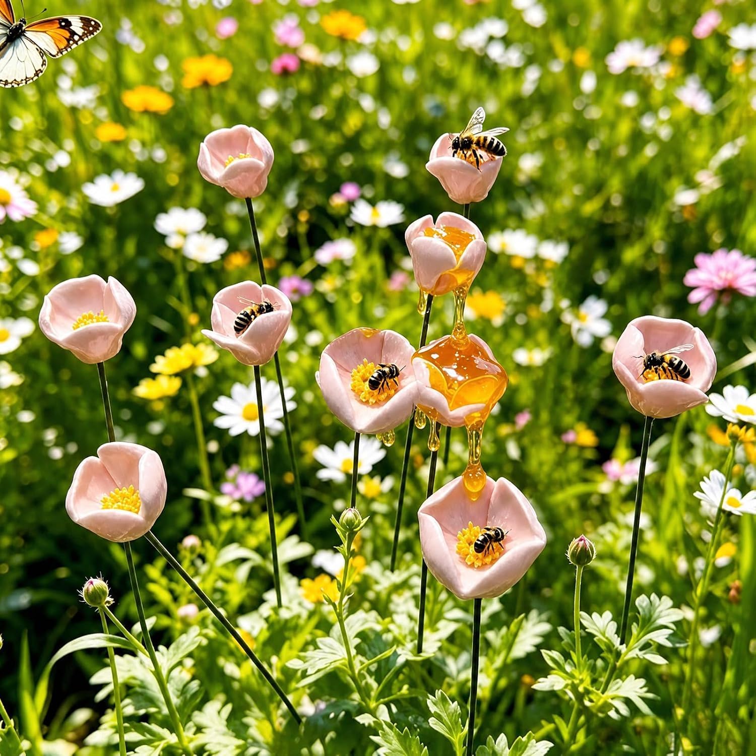 Bee Watering Station for Garden, Ceramic Flower Shaped Bee Drinking Cups, Handmade Bees Blossoms Garden Stake, Colorful Flower Bee Water Feeder Bowls for Patio Lawn Balcony Pots — image 1