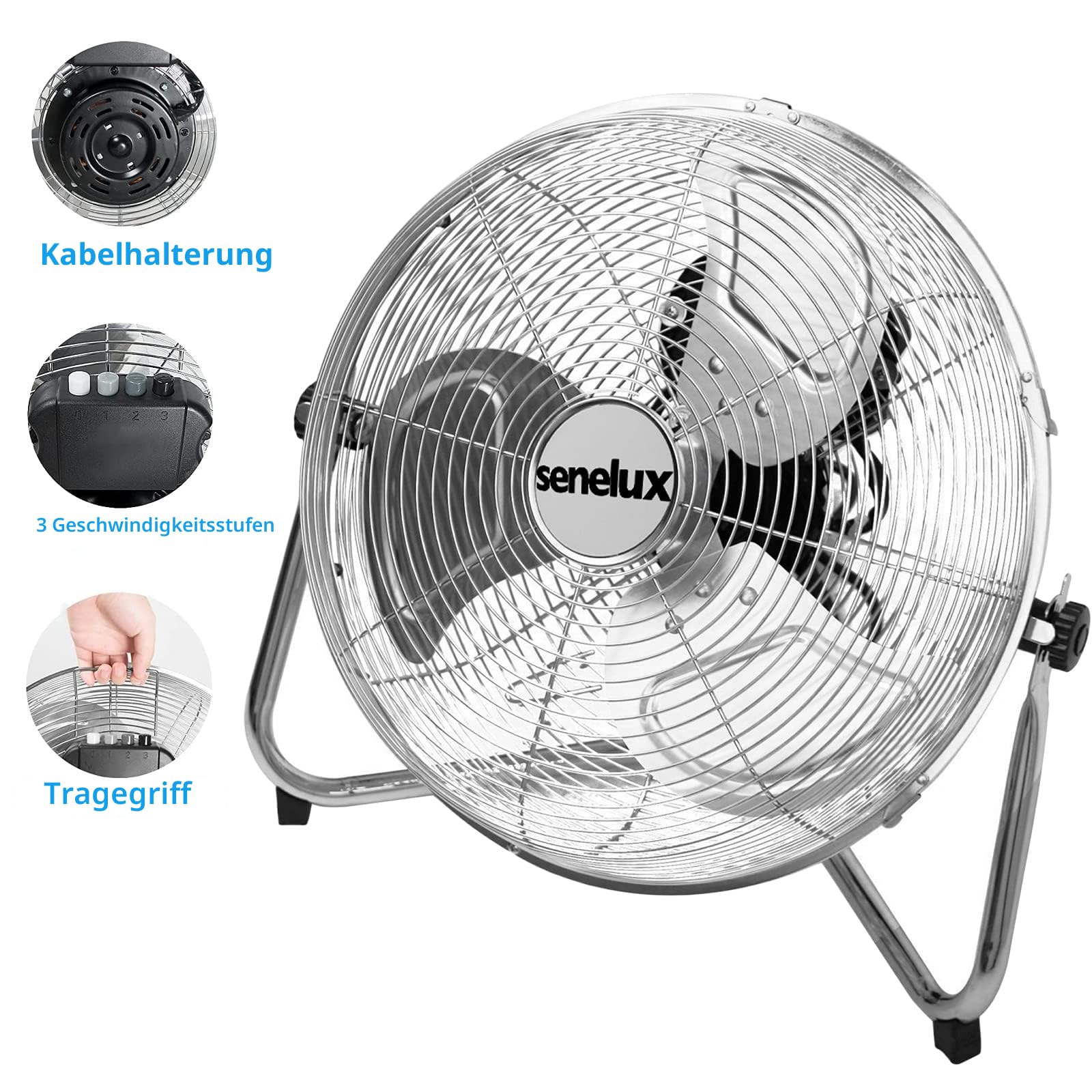 Senelux Bodenventilator - Chrome Gym Fan 30,5 cm Elektrischer tragbarer Lüfter für Zuhause/Fitnessstudio/Büro - 3 Geschwindigkeitsstufen mit Neigungsfunktion
