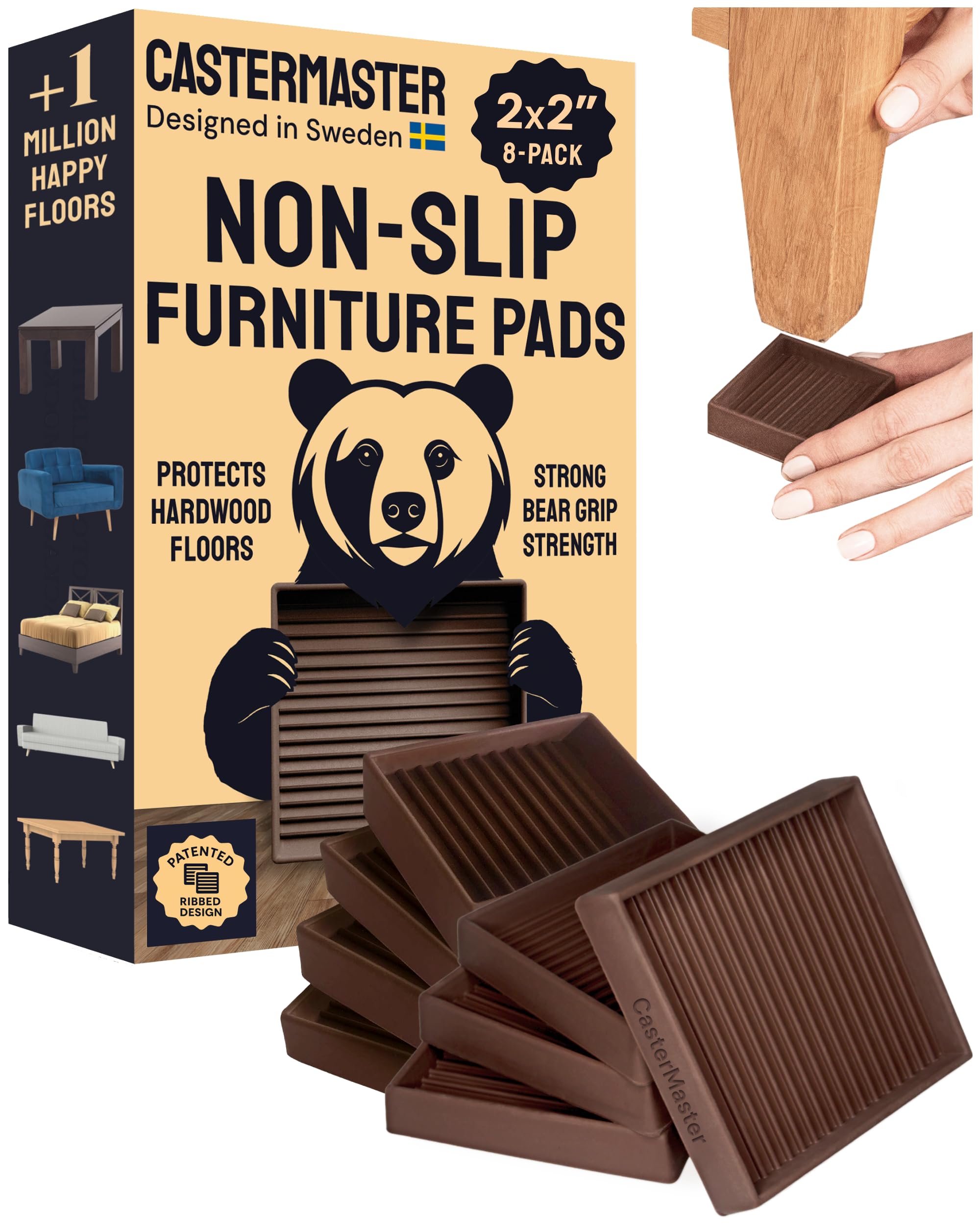 CasterMaster Square Rubber Furniture Pads - 2in x 2in, Pack of 8, Brown - Non-Slip Furniture Sliders for Hardwood Floors - Rubber Feet, Floor Protectors for Chairs & Hardwood Surfaces