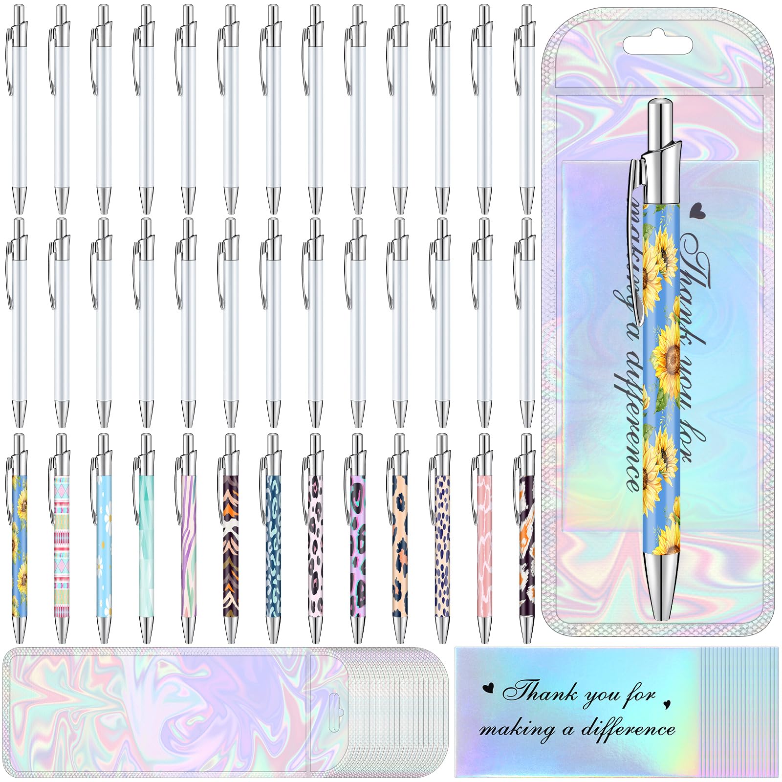 Yexiya 120 Pcs Sublimation Pen Blank Kit Heat Transfer Ballpoint Pen with Shrink Wrap Pouch Bag Holographic Thank You Card Personalized Gift for