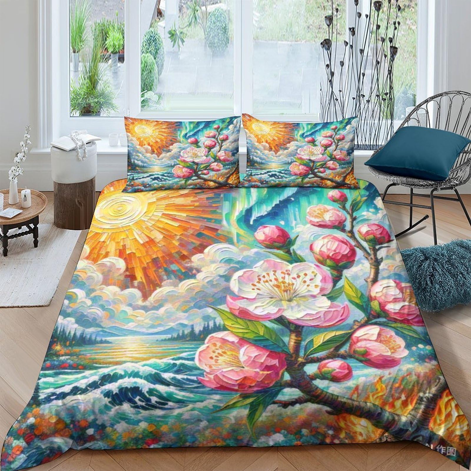 Housse de couette fleur de pêche 3D 220x240cm en microfibre douce avec sa taie