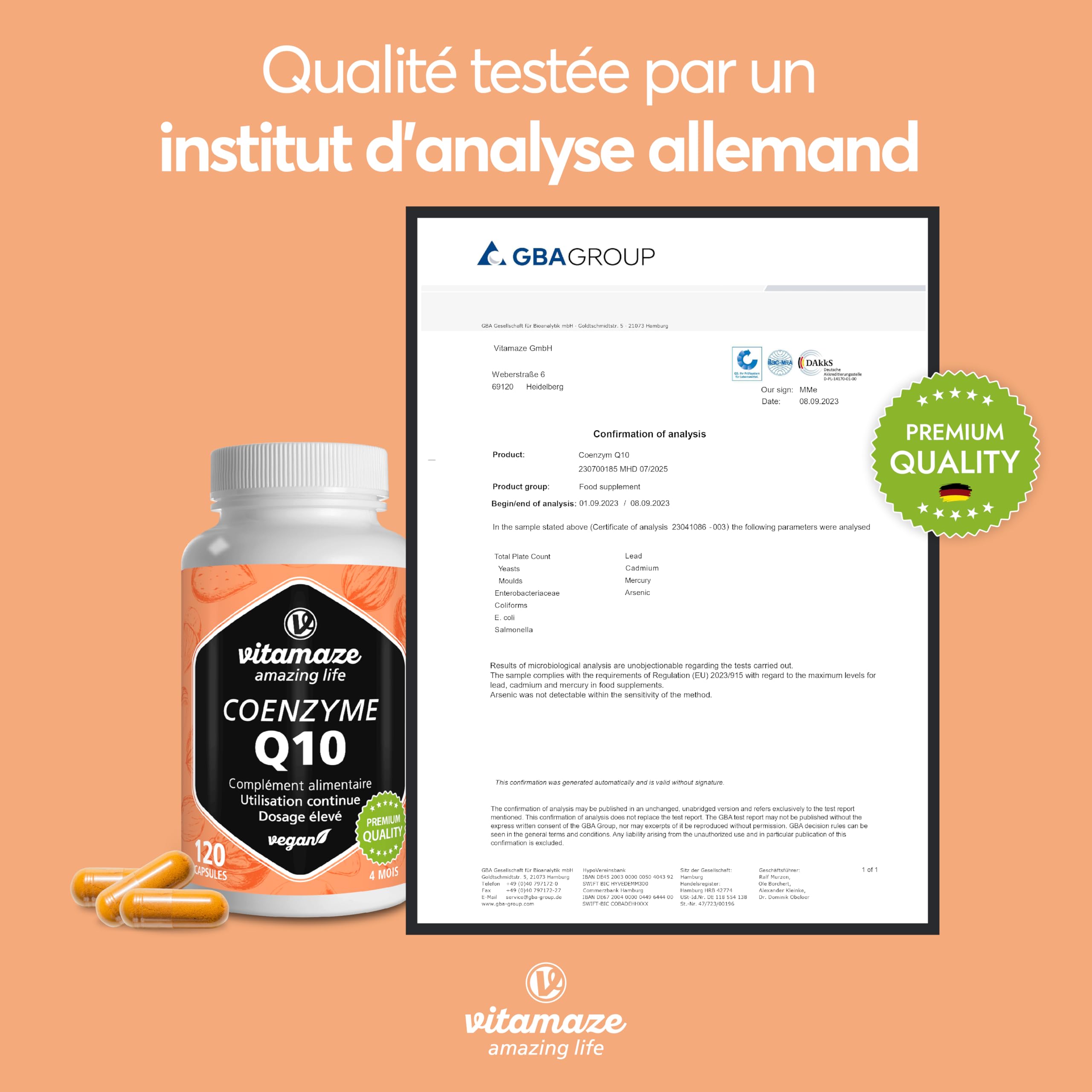 Coenzyme Q10 200 mg - 120 Gélules Pendant 4 Mois - Capsule Vegan avec 98% Ubiquinone - Natural Antioxydant et Énergie - Biodisponibilité Optimale, Qualité Allemande - Vitamaze®