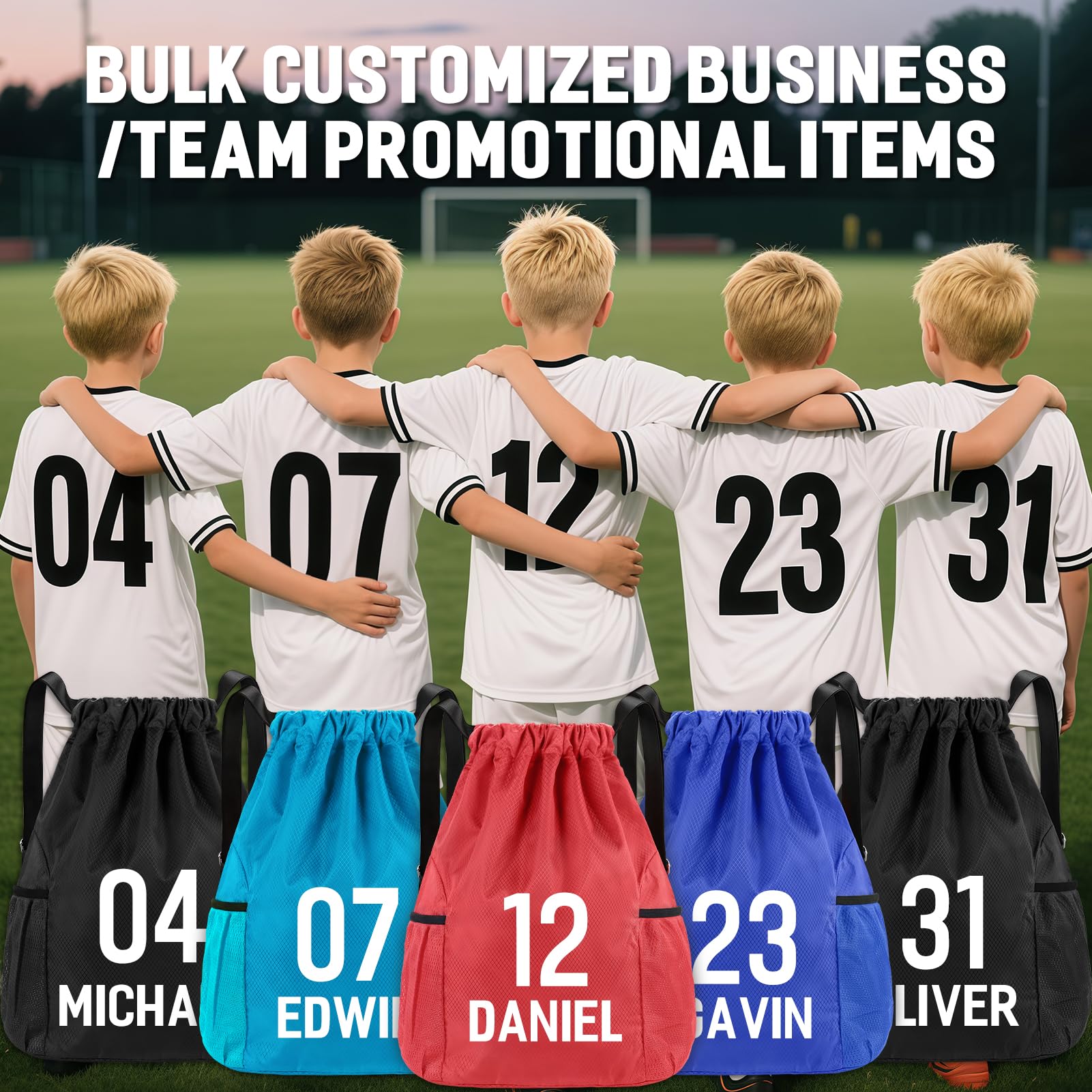 Fyore Sacca con coulisse personalizzata con testo del logo, confezione da 10/20/50/100/200 confezioni, zaino con coulisse in tessuto Oxford personalizzato per kit in PE, palestra, sport, scuola, nuoto