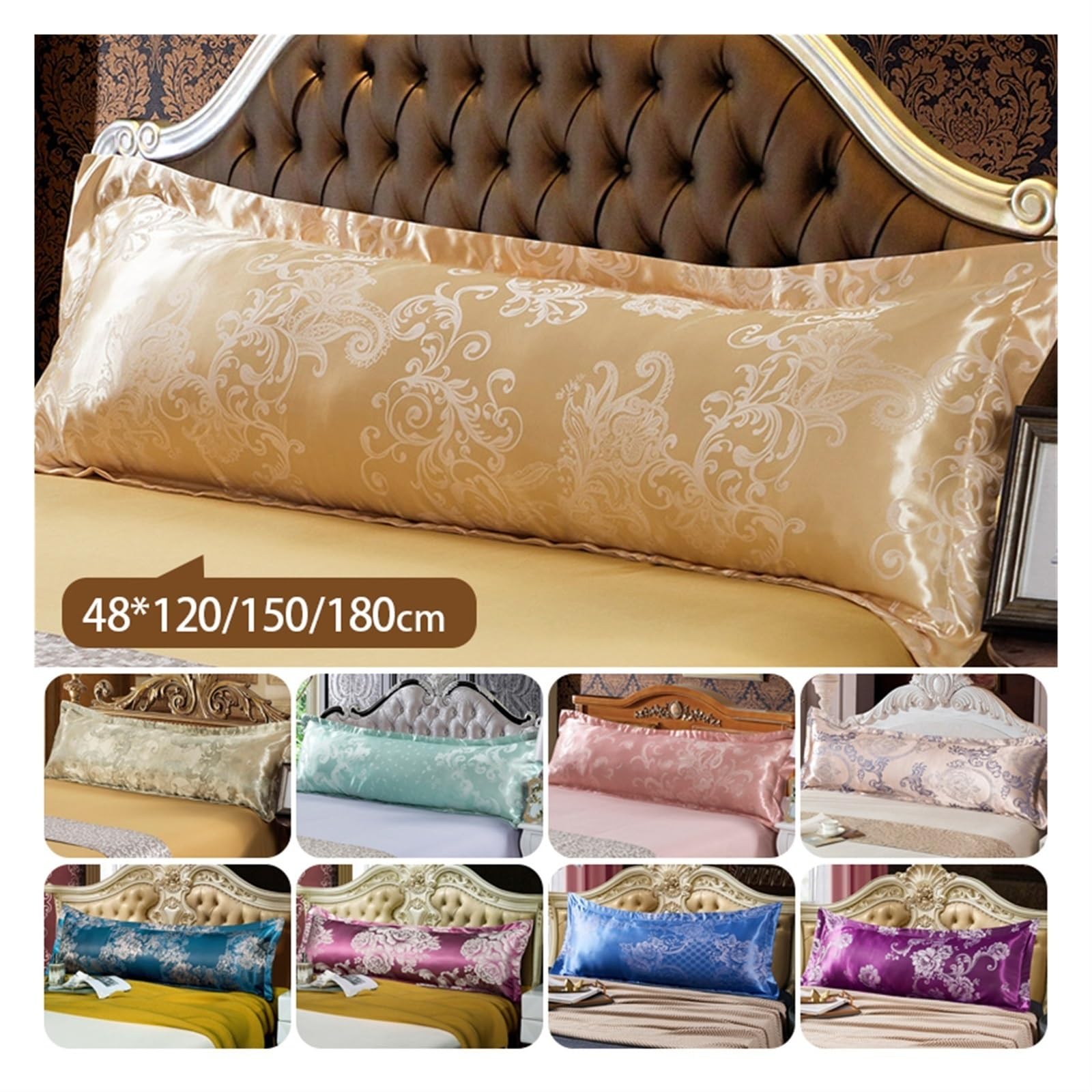 Lujosa funda de almohada de seda de 48 x 150 cm, satén europeo retro, funda de almohada larga para parejas, suave y duradera, perfecta para decoración del hogar y regalo.