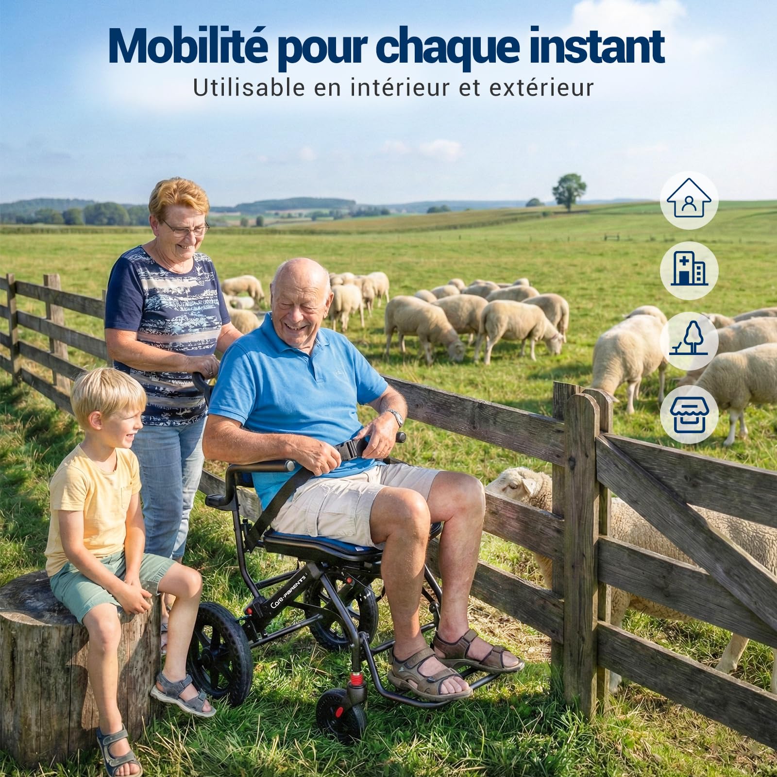 Care Parents Fauteuil Roulant de transfert Pliable(10kg),42cm Siège,Aluminium,Chaise Roulante Voyage,Mode Valise,Accoudoirs Relevables,Assise Ergonomique,Coussins Amovibles,Jusqu'à 100kg(CP-0903)