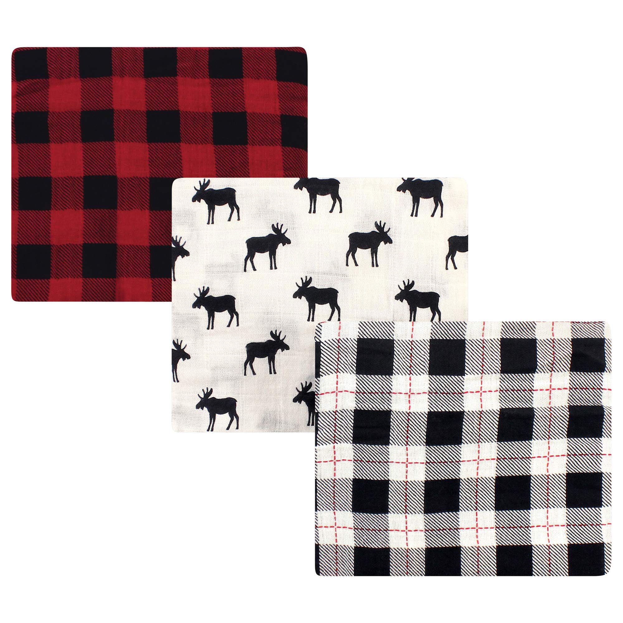 Hudson Baby Manta unisex de muselina para bebé, Manta niños, Mantas para cuna, 3 piezas y manta tranquila, diseño a cuadros de alce y búfalo, talla única