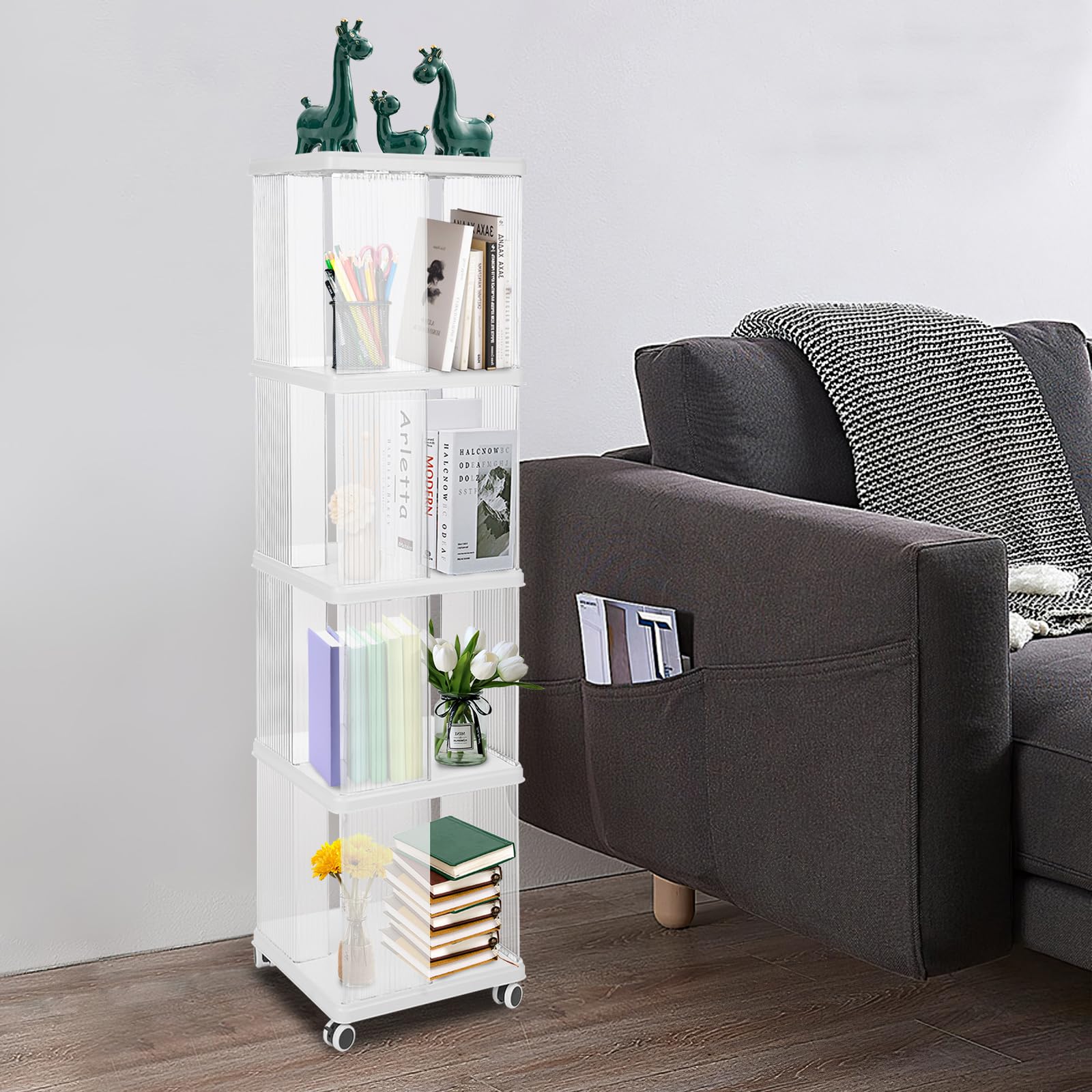 Home Bookcase, Buchorganisationsregal, Bücherregal, Drehbares Bücherregal für Wohnzimmer und Schlafzimmer (Weiß, 36 * 36 * 138.5cm)