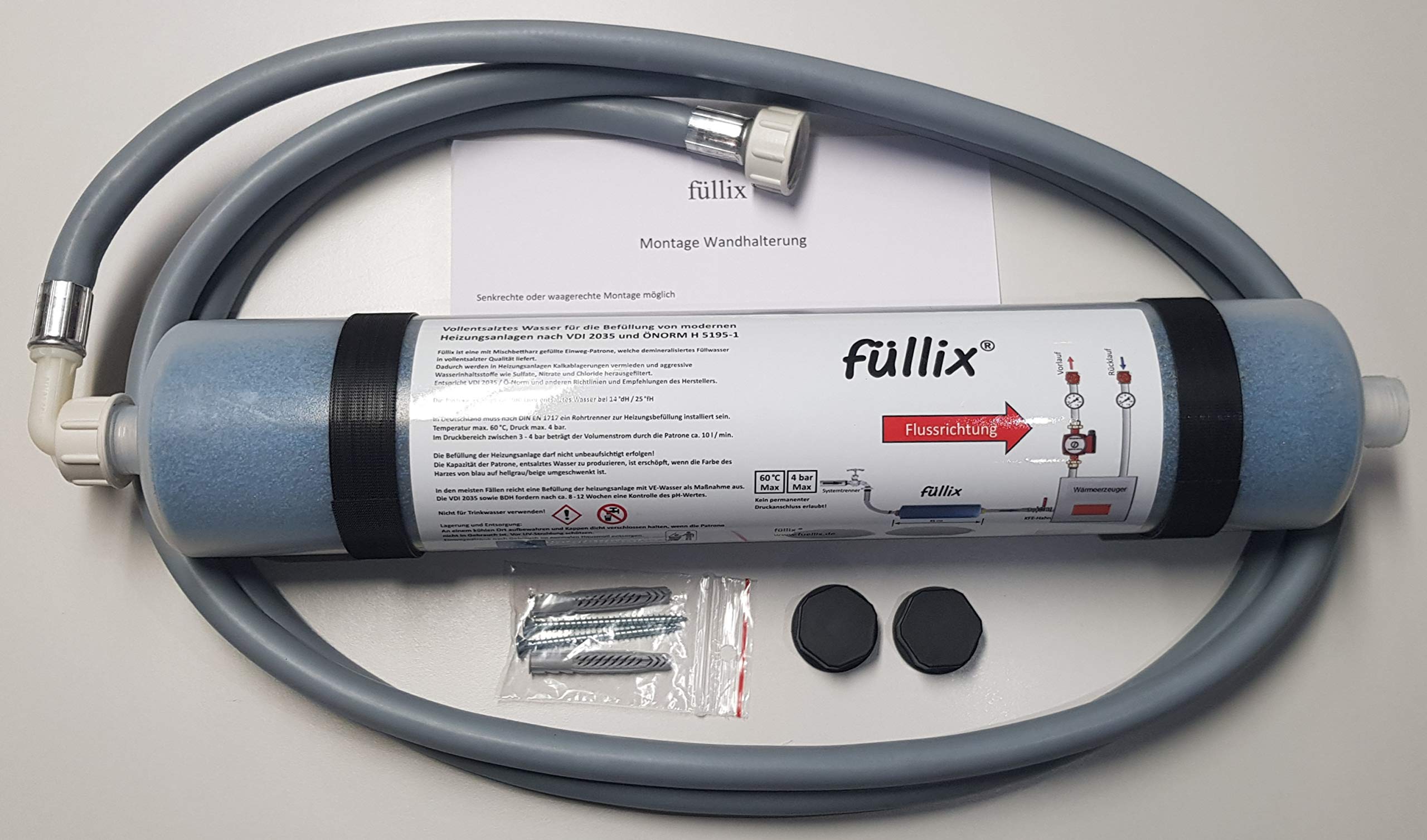 Füllix Vollentsalzungspatrone mit Wandhalterung & Füllschlauch - Füllix Vollentsalzungspatrone mit Verbrauchsanzeige - Kunststoff - Wasseraufbereitungsgerät - Wasseraufbereiter