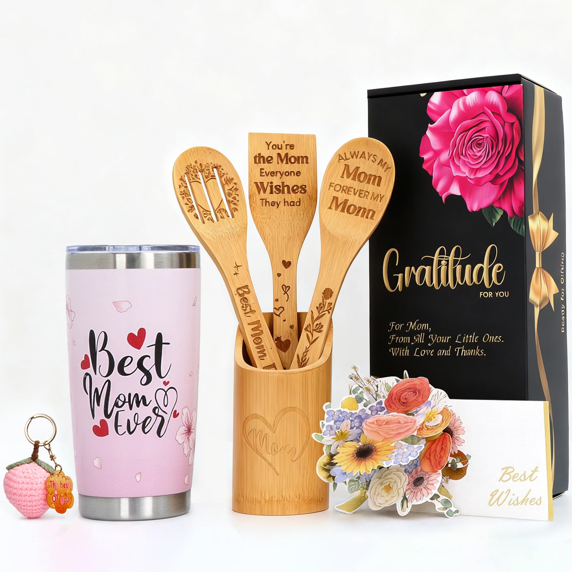DingDingGo Mum Birthday Gifts from Daughter Son Valentine's Day Mother's Day Gift Set Wooden Spoons Kitchen Cooking Gift Baskets Insulated Tumbler 20oz Key Chain