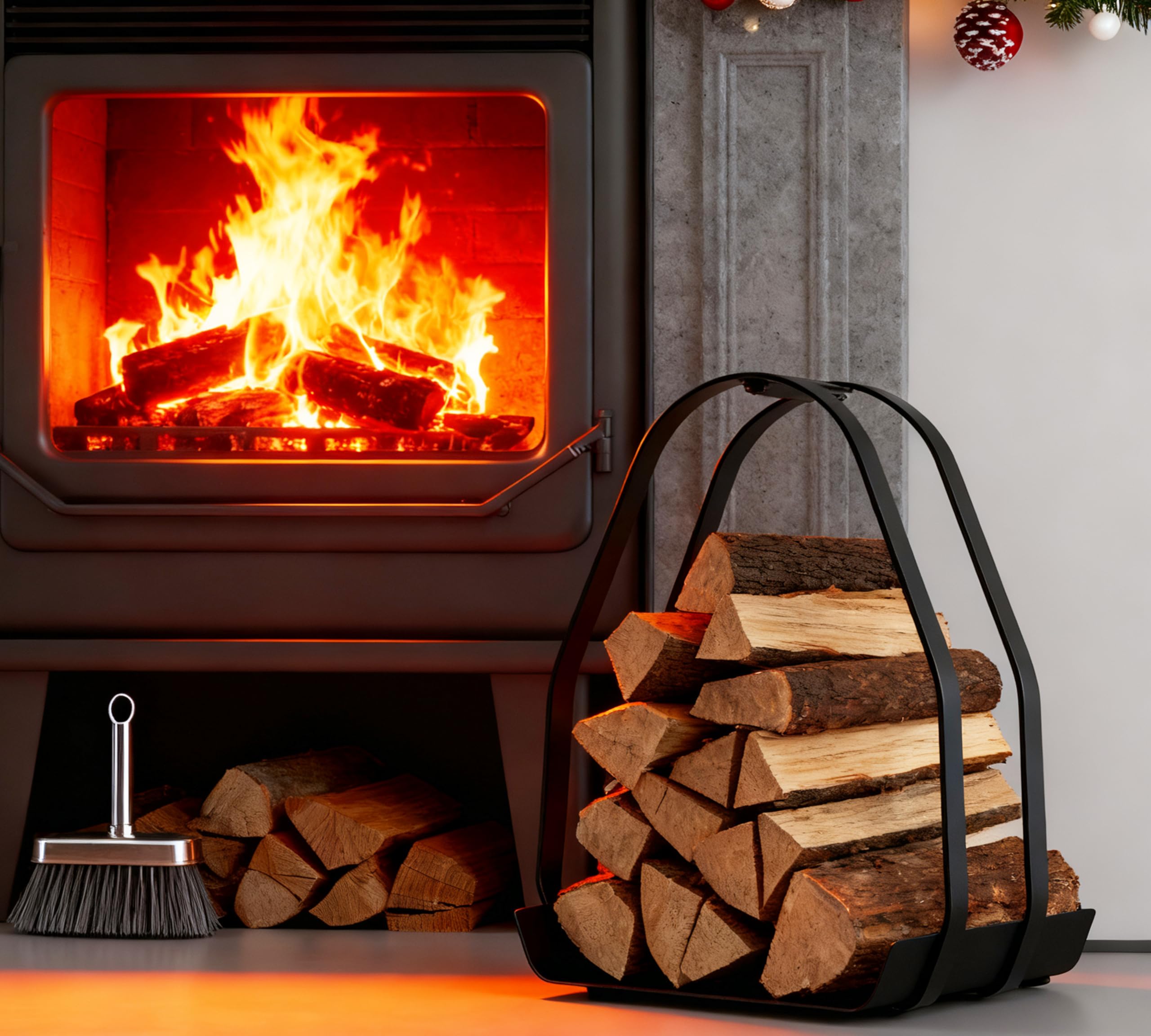 Kingson Cestino per legna da ardere, in metallo verniciato a polvere, colore nero, con manico, 36 x 35 x 48 cm, struttura e base in ferro, confezione piatta, montaggio richiesto