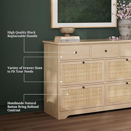 Miniatura 3 de Yechen Cómoda moderna con cajones de ratán natural, madera industrial para dormitorio con patas de acero resistentes, organizador de vestidores de