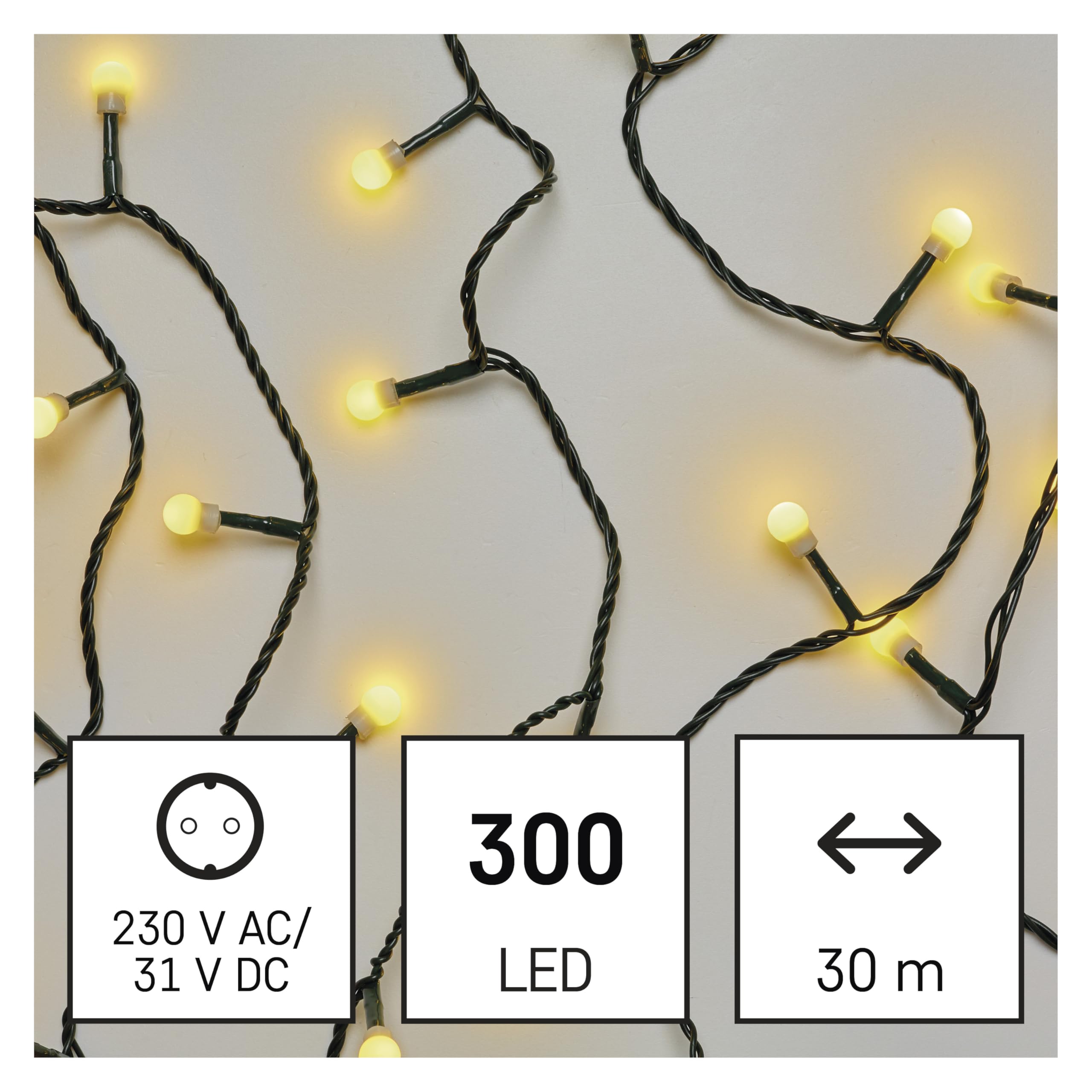 EMOS - LED-Lichterkette mit 300 LEDs in Kugelform, warmweiß - 30m Weihnachtslichterkette für Partys, Weihnachten, Deko - 8 Lichtmodi, 6h Timer, Netzteil, 5m Zuleitung, grünes Kabel - für Haus & Garten