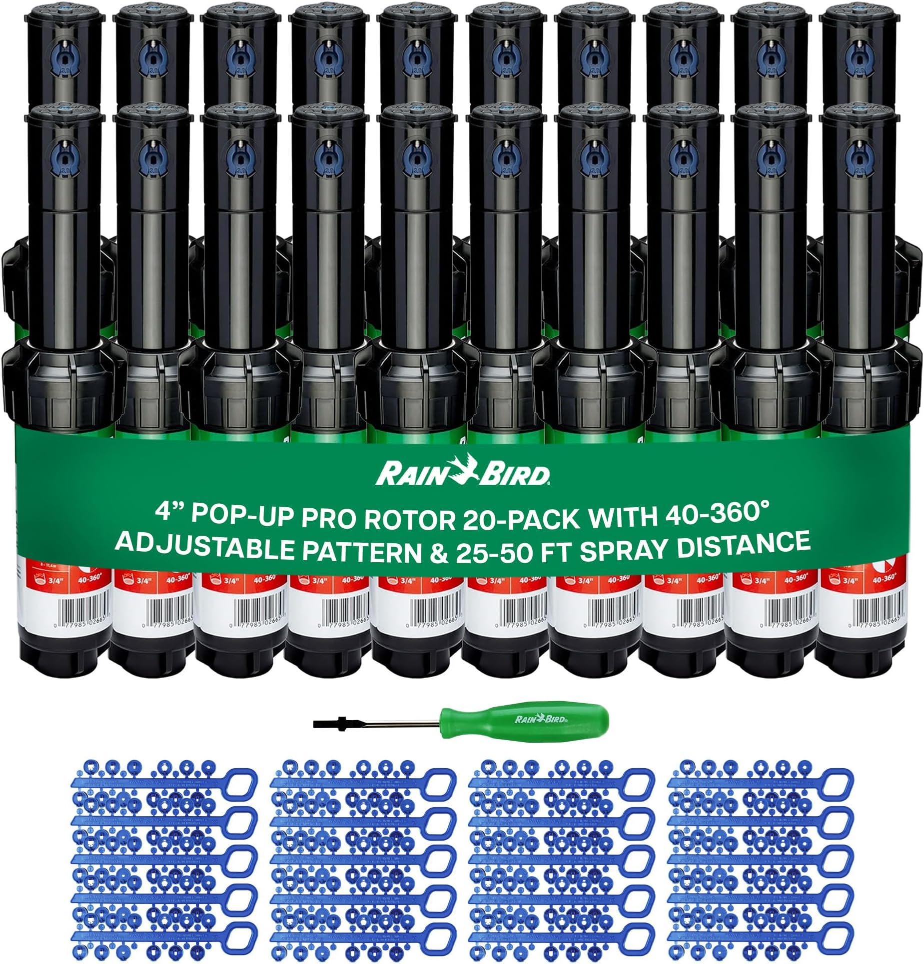 Rain Bird 5000 Rotor with Nozzle Tree 20 Pack (5000RCTREE) + Rotor Screwdriver Tool (CPRTOOL) - 3/4 inch Inlet for Water Efficient 4 inch Pop Up, Adjustable 40 - 360 Degree Arc & 25 - 50 ft Radius
