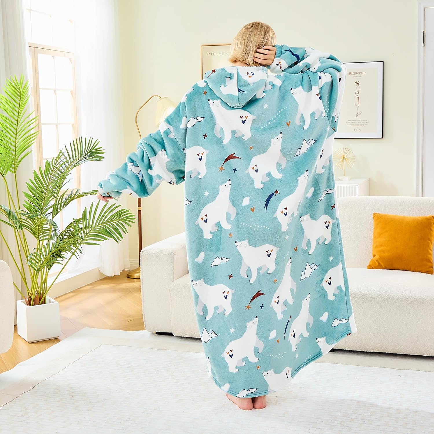 Moinlizy Wearable Blanket Hoodie, Long Thick Hooded Blanket Oversized for Adults Women Men with Pocket and Sleeves - Image 5