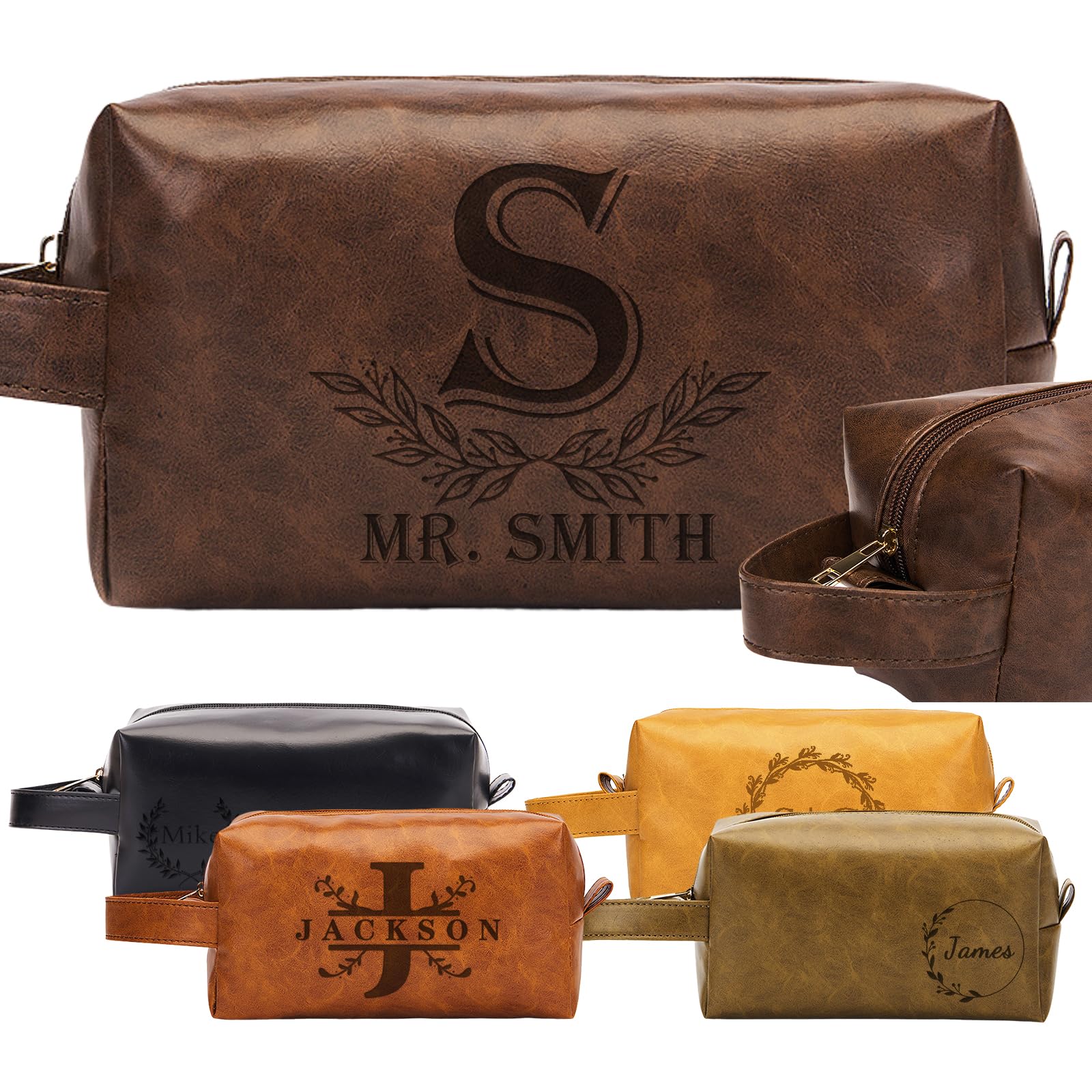 EAQ Personalized Toiletry Bag for Men, Personalized Leather Dopp Kits Customizable Travel Organizer Engraved Name/Logo for Husband, Boyfriend, Dad,