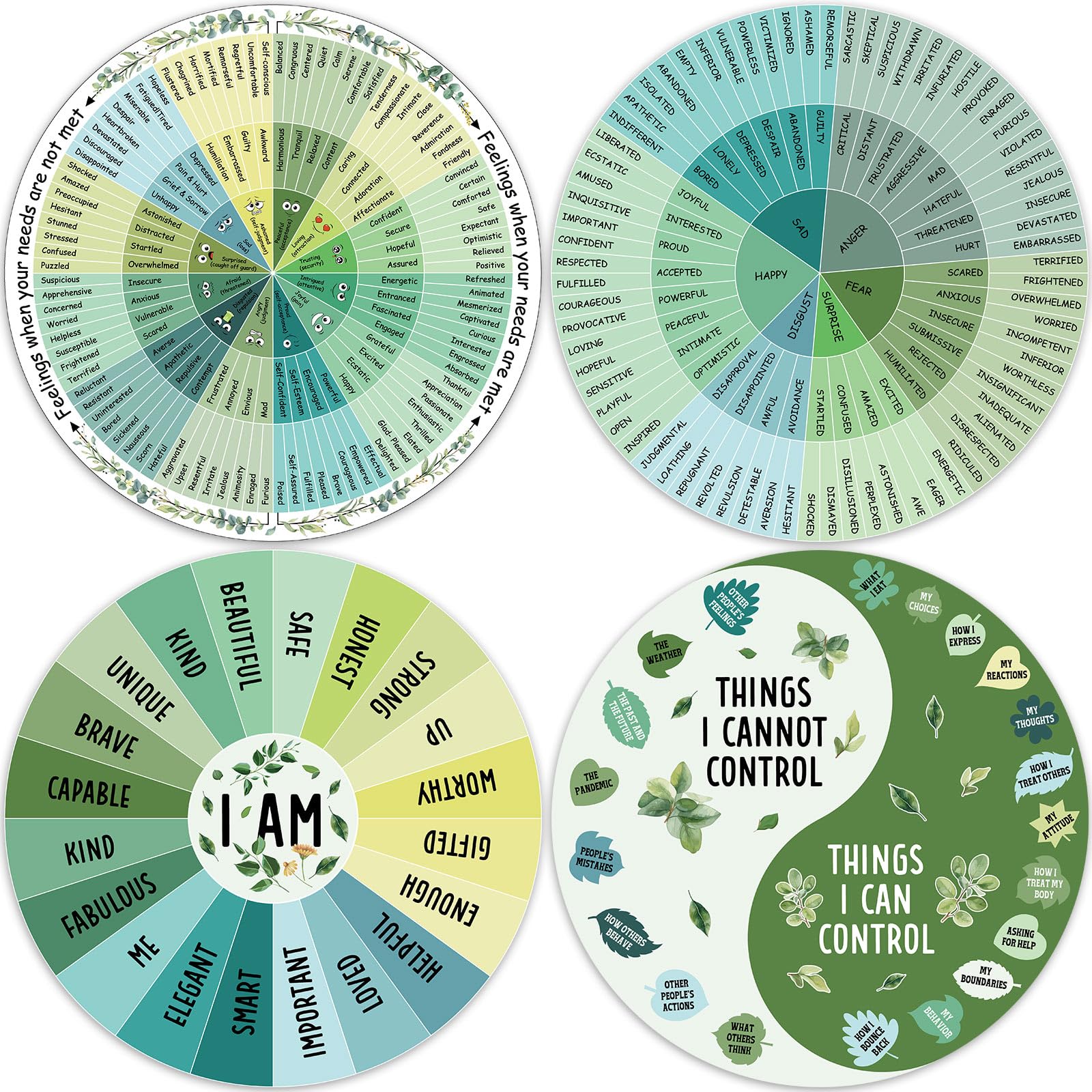 Kanayu 4 Pcs Feelings Wheel Magnet 7 Inch Therapy Emotion Wheel Magnet Magnetic Mental Feeling Chart for Counselor Social Worker Office Emotional Fridge(Greenery)