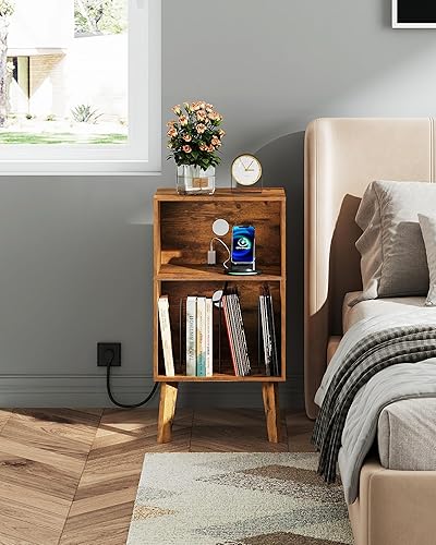 Miniatura 6 de Mesita de noche, moderna mesita de noche de mediados de siglo con almacenamiento y estante de madera abierto, mesa auxiliar pequeña con patas de