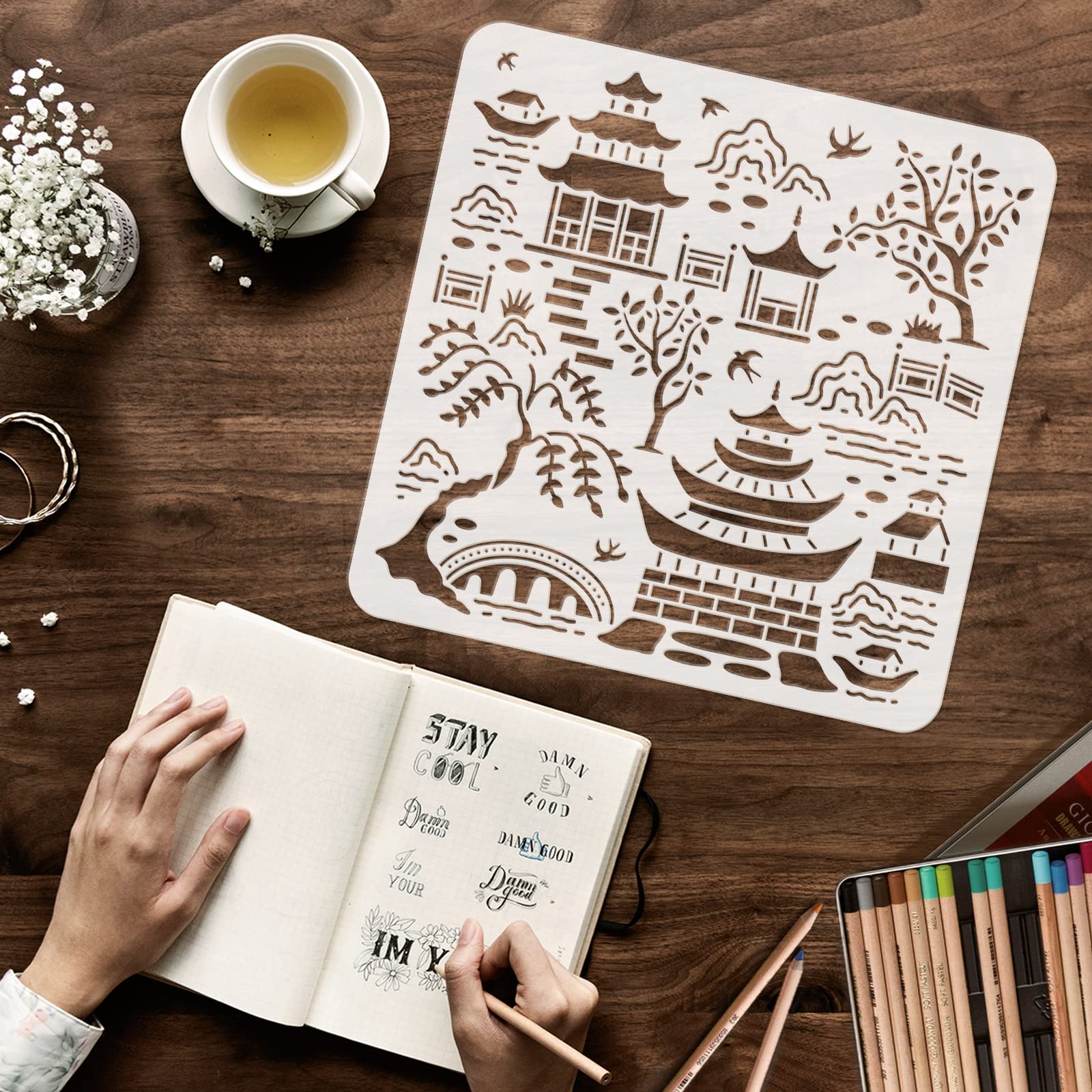 FINGERINSPIRE Secret Garden Toile Drawing Stencil 11.8x11.8inch Reusable for Birds, Tree, Mountains, Buildings, Bridge - Painting on Wood, Floor, Furniture, Wall and Paper 1