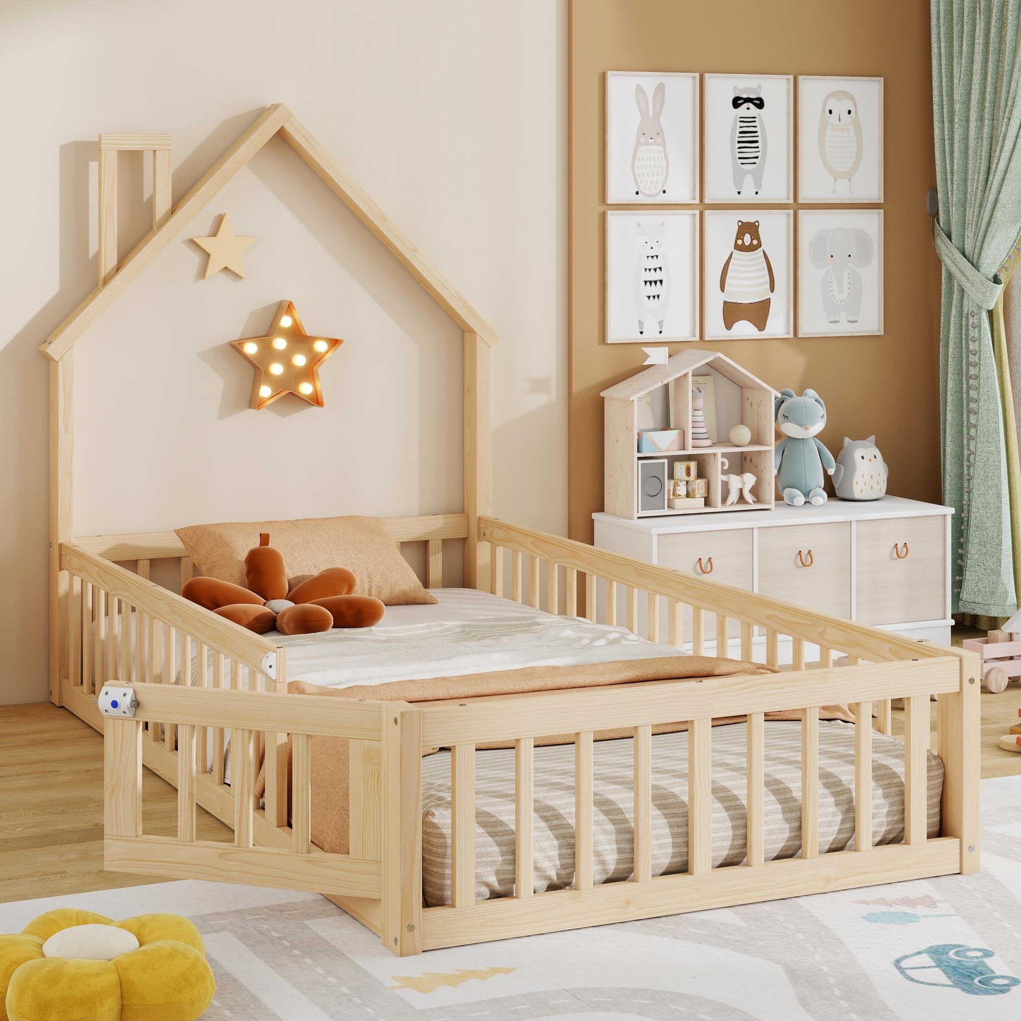 LAKFEW Cama Montessori Infantil 90x200 cm con Barandilla y Diseño de Chimenea, Cuna Cama Bebe Niño Niña con Listones de Madera, Cama Suelo Criança Individual, Natural, Sin Colchón