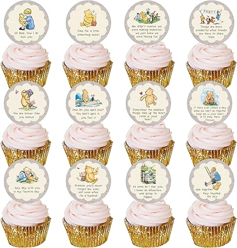 48 Pcs Winnie Quotes Cupcake Toppers Classic Pooh Cake Decorations Cake Toppers Boys Girls First Birthday Party Favors Baby Shower Decor