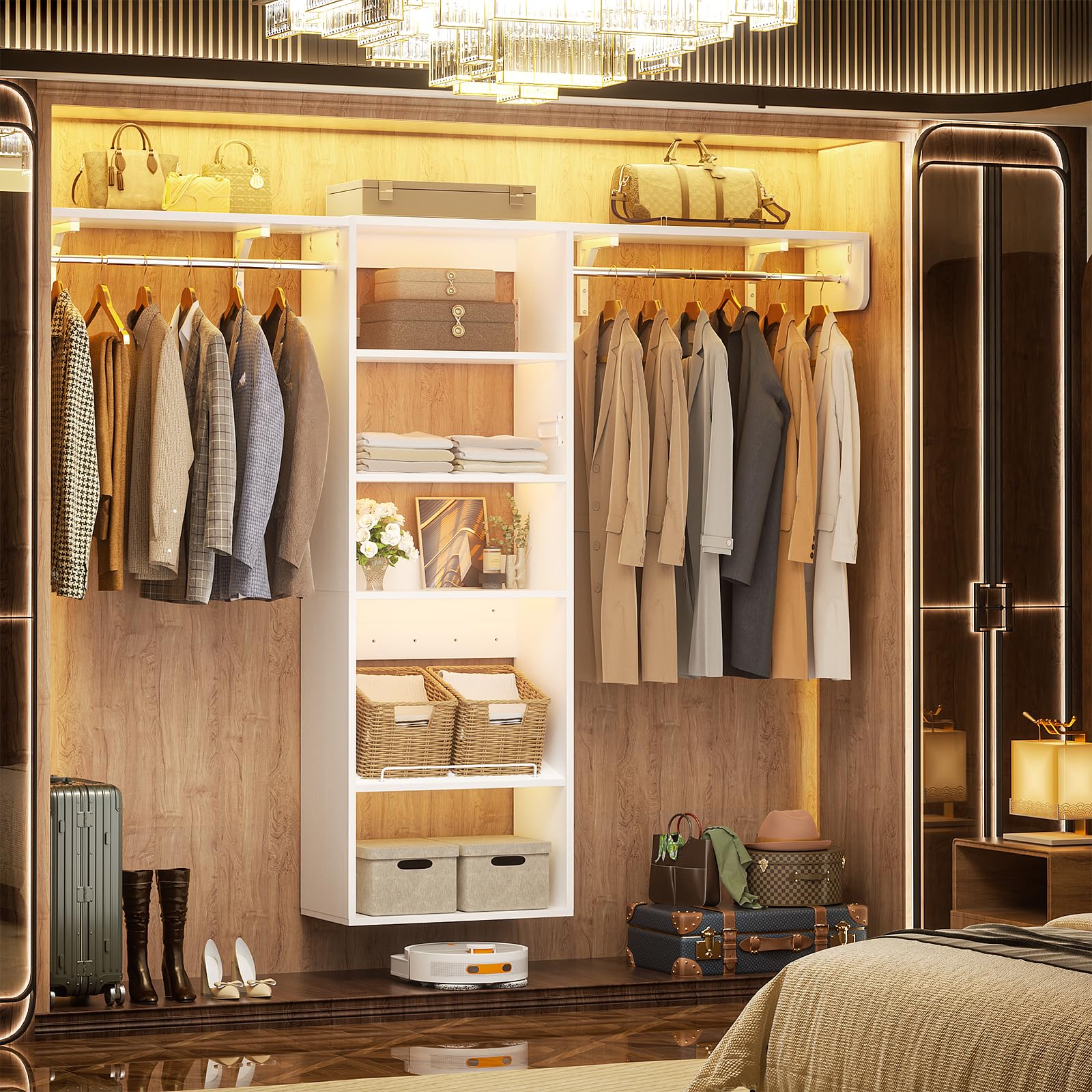 Unikito Closet Organizer System with Adjustable Shelves, 8FT Wood Closet Organizer Starter Kit Tower and Expandable Hang Rods, 96