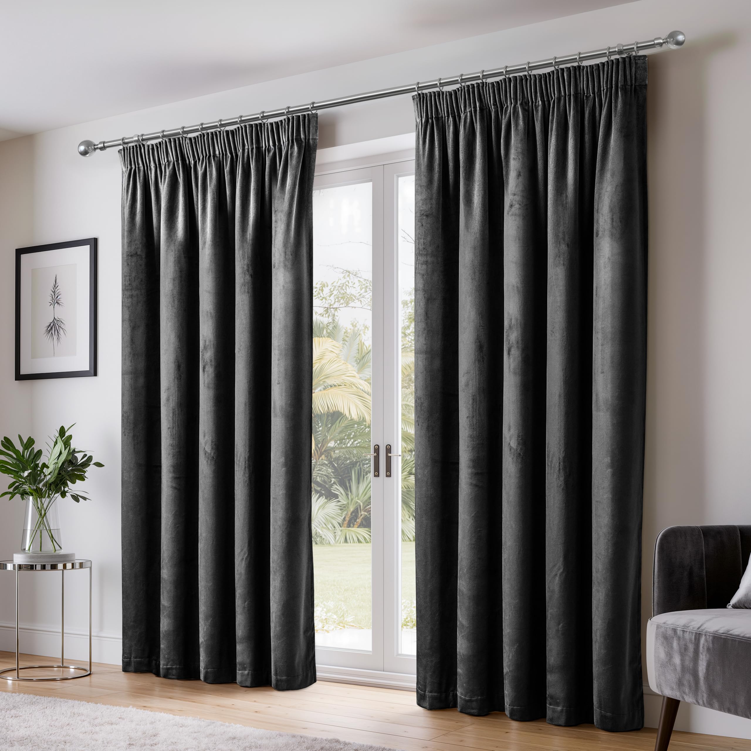 Emma Barclay Dusk Velvet Blackout Pencil Pleat Curtains for Bedroom Living Room, Thermal Soft Plain Velvet Curtain Pair, 66 x 90 Inch, Black