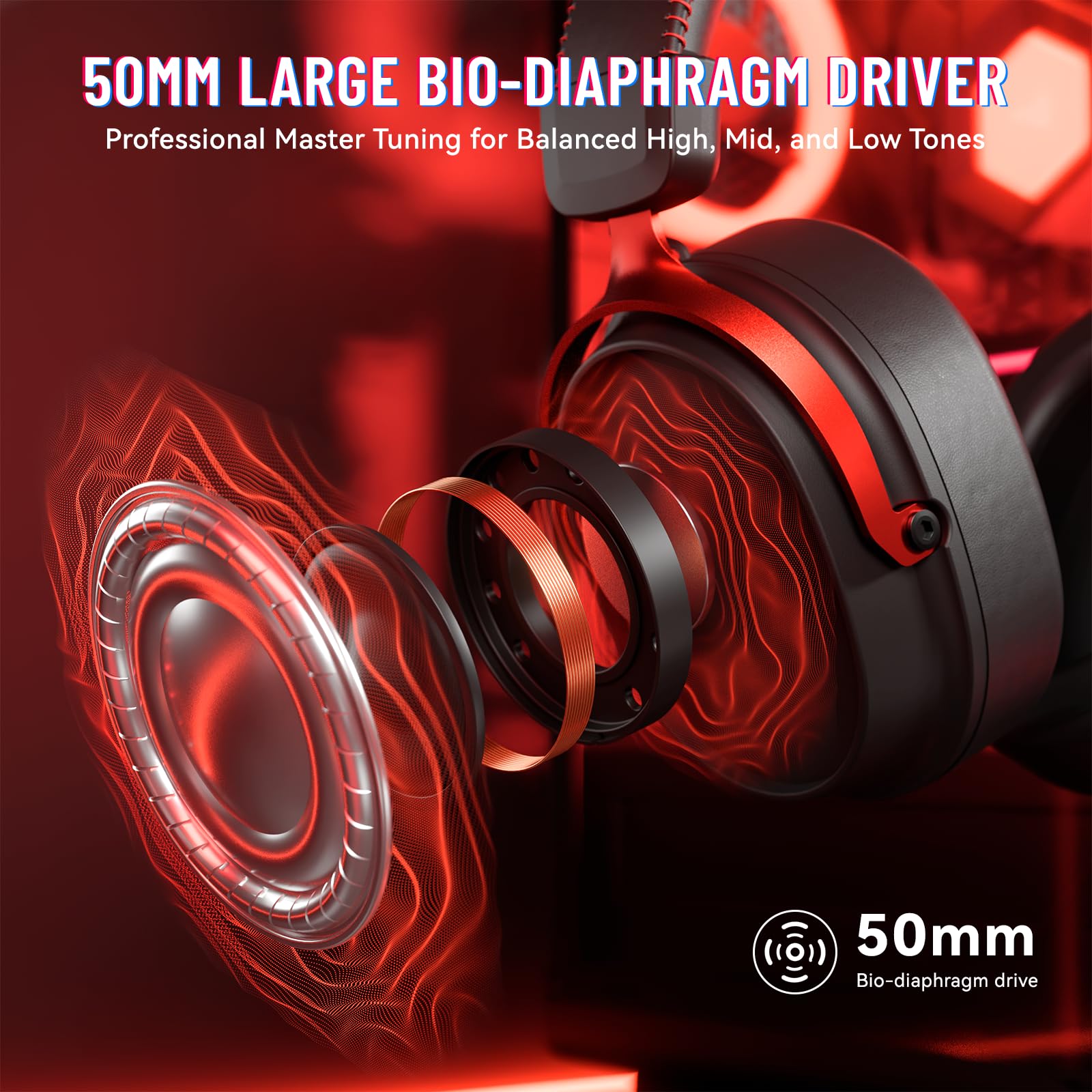 ATTACK SHARK L30PRO Auriculares Gaming Inalámbricos, Sonido Surround 7.1 Drivers 50mm, 3 Modos 2.4G/BT 5.3/Cable con Micro Desmontable para PC/PS/Xbox/Switch, 84H de Juego-Negro Rojo