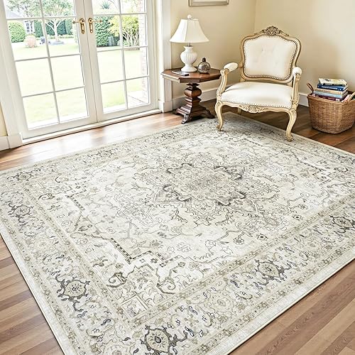 Miniatura 77 de Lofus Alfombras de área de 5 x 7 pies para sala de estar, alfombras lavables para dormitorio, cocina, alfombra bohemia vintage, suave, Vintage Beige