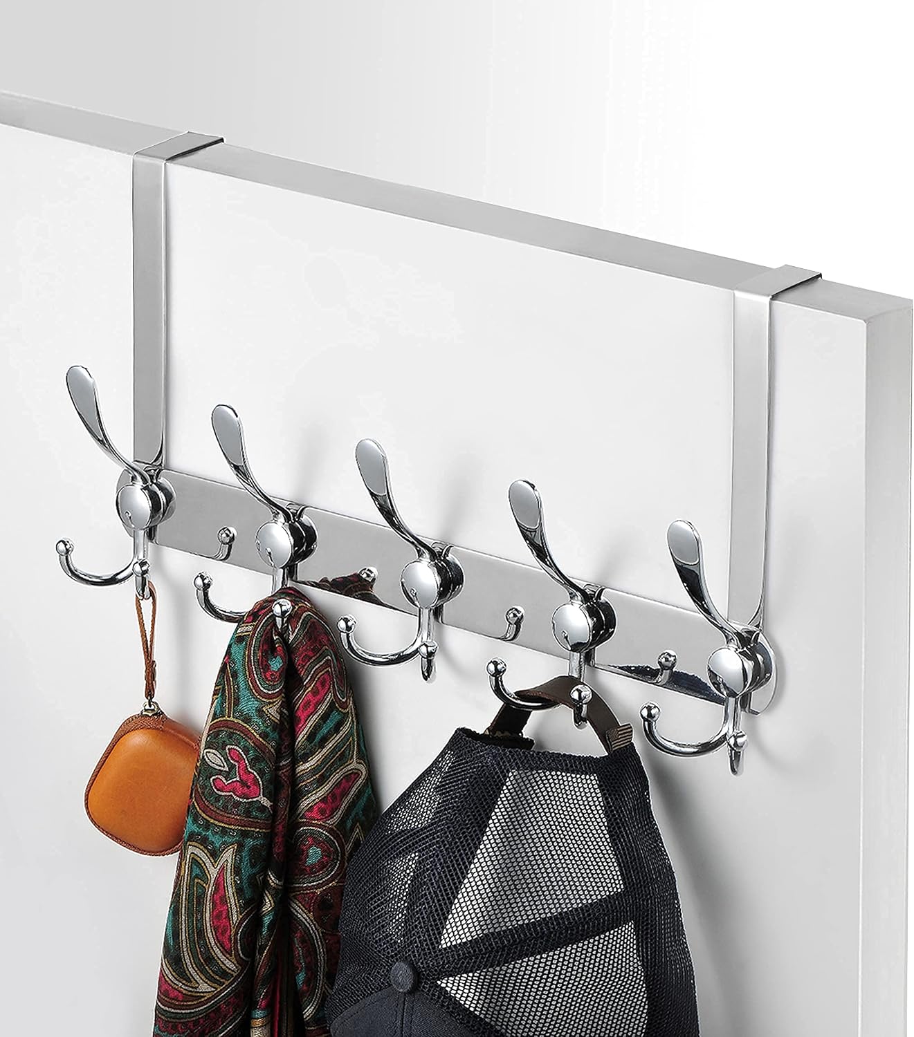LYLIN Over The Door Hook, TEKI 5 Tri Hooks for 1.6” Thick Door, Over The Door Hook Hanger, Heavy Duty Over Door Rack for Hanging Coats Clothes Hats Robes Towels (Silver, 1.6”)