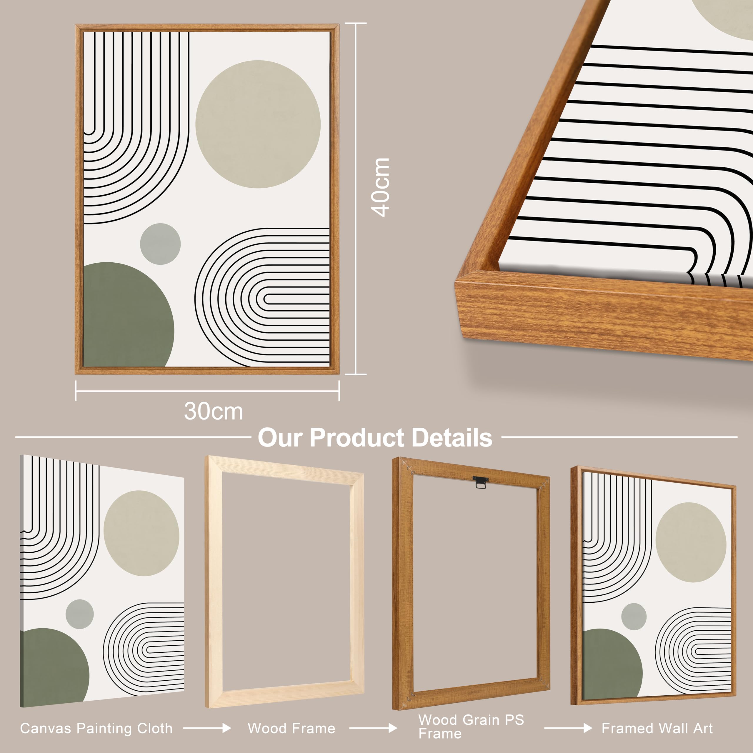 3 Pcs Wooden Framed Canvas Wall Art Set Bohemian Sage Green Canvas Prints Poster Geometric Line Beige Green Pictures for Living Room Bedroom Dinning Room Hallway Stairs Wall Decor 30x40cm x3pcs — view 250