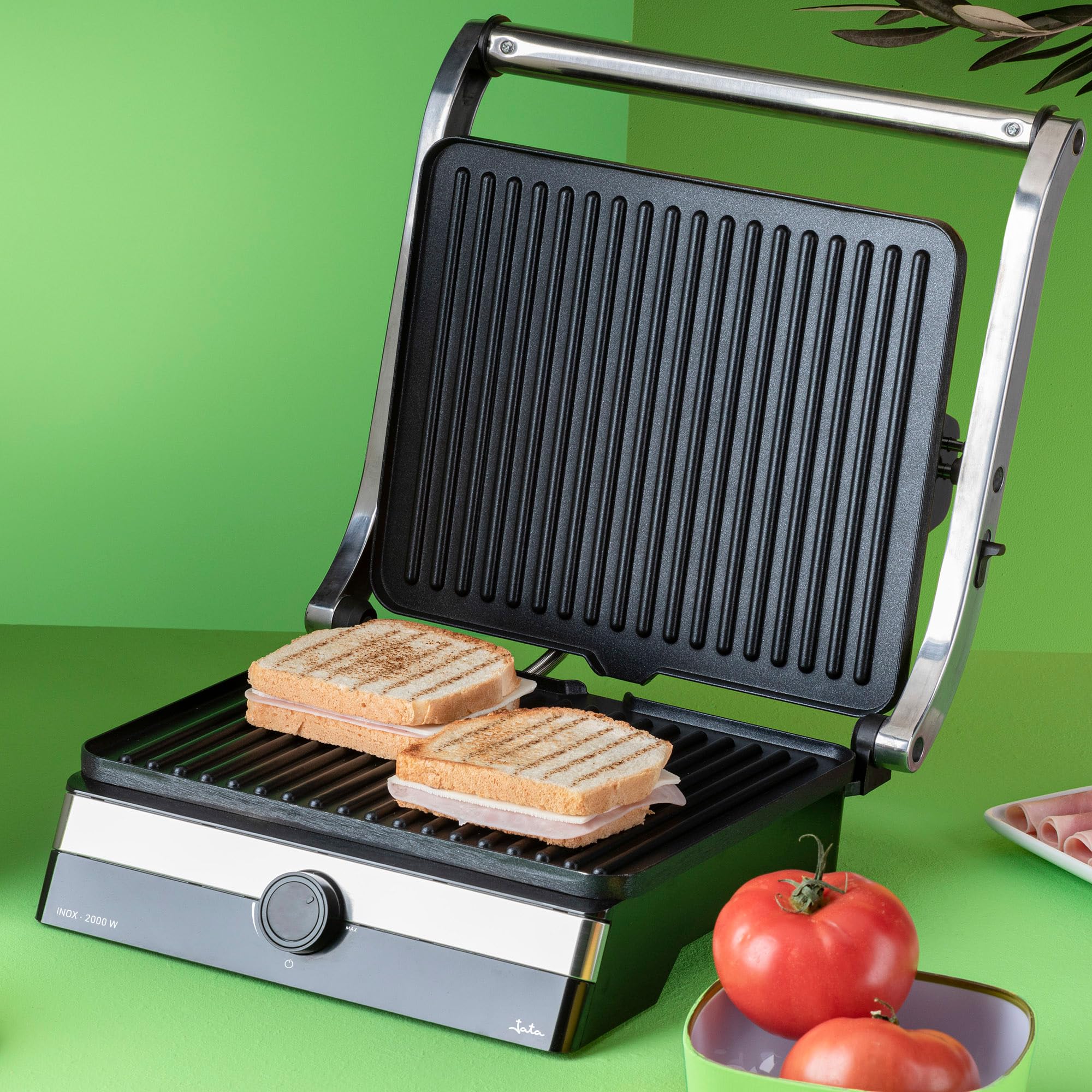 JATA JEGR1596 - Parrilla Electrica y Grill con placas rayadas antiadherentes de 29 x 23,6 cm. 2000 W. Cocina todo tipo de alimentos. Apertura 180º. Tapa superior basculante. Bandeja recogesalsas
