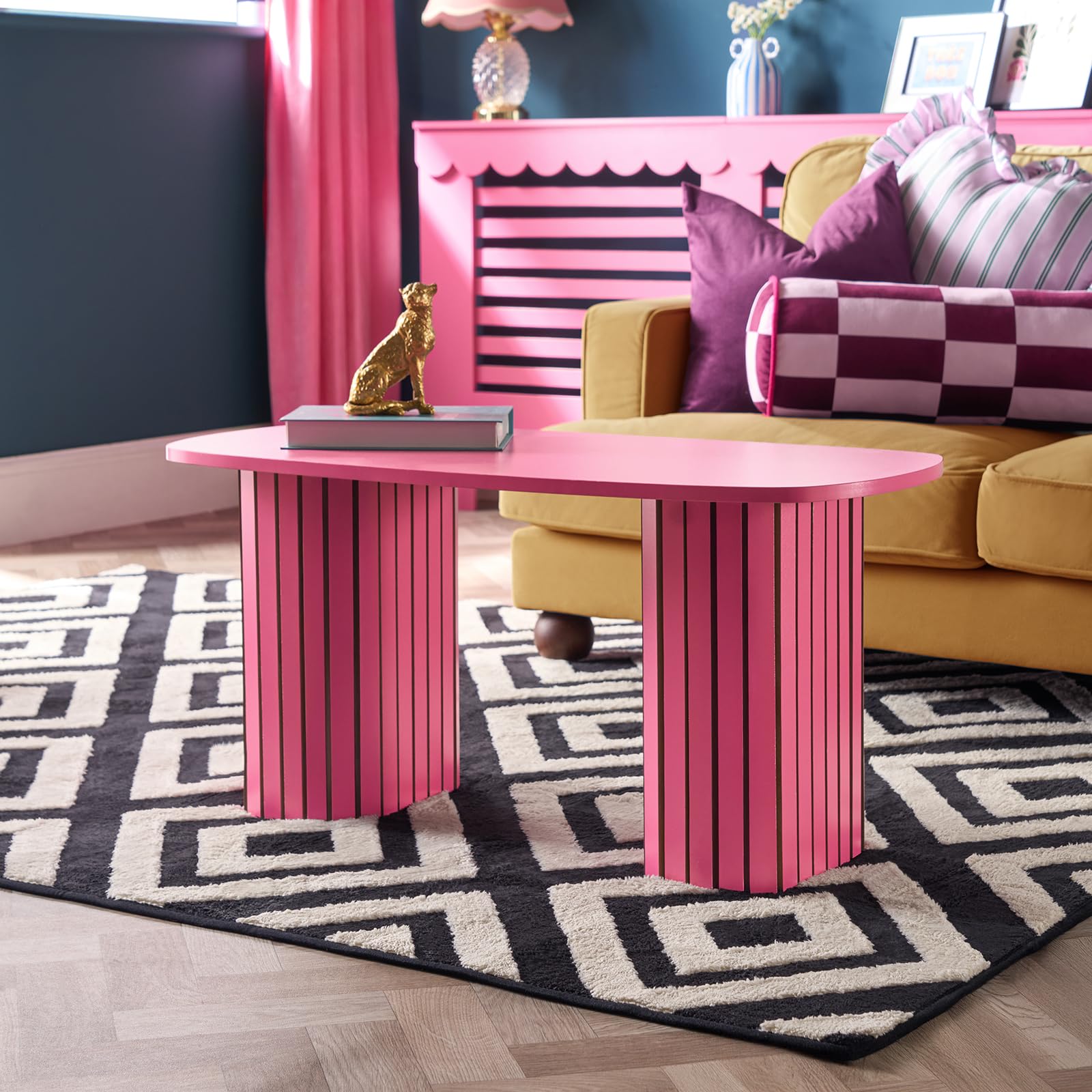 OHS Coffee Tables for Living Room, Wooden Centre Midcentury Modern Table Madison Ribbed Wood Frame Decorative Small Coffee Table Home Office Living Room Furniture, Hot Pink - 85 x 40 x 41cm