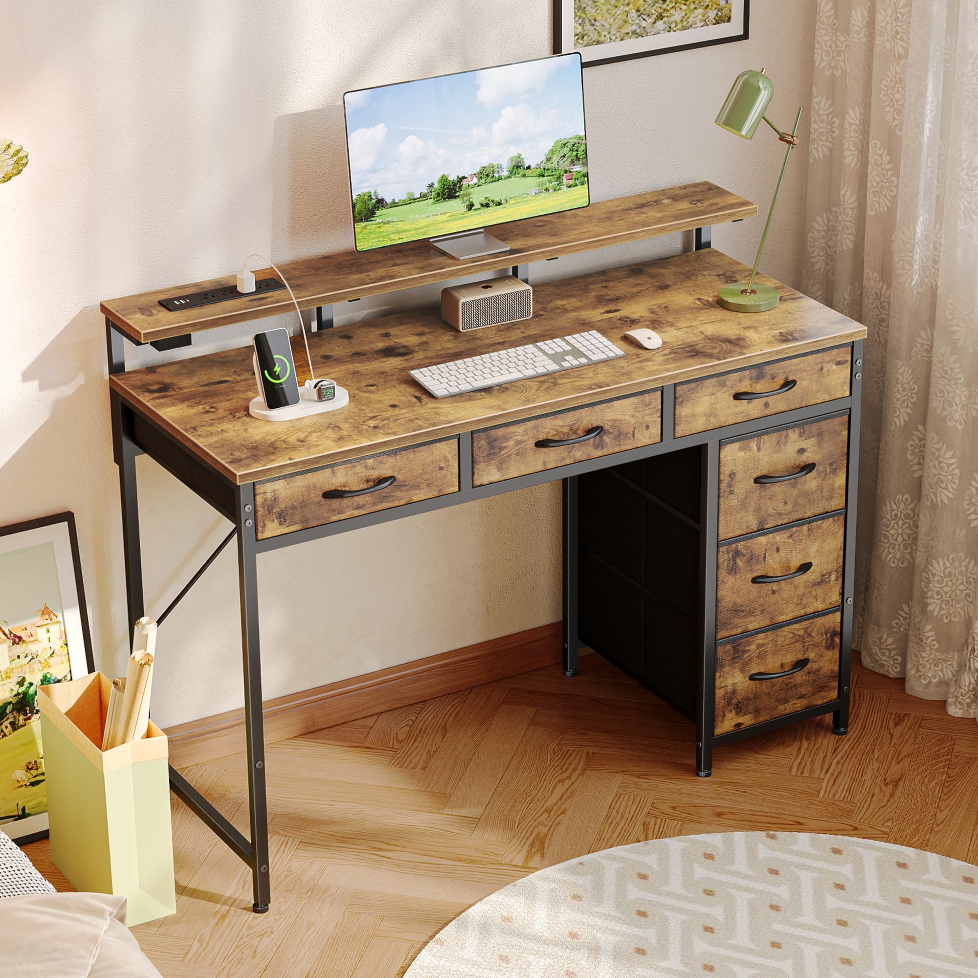 Escritorio para juegos con 6 cajones, escritorio para computadora con tomas de corriente de luces LED y tipo C, escritorio de oficina de 39 pulgadas con almacenamiento, soporte para monitor, 7