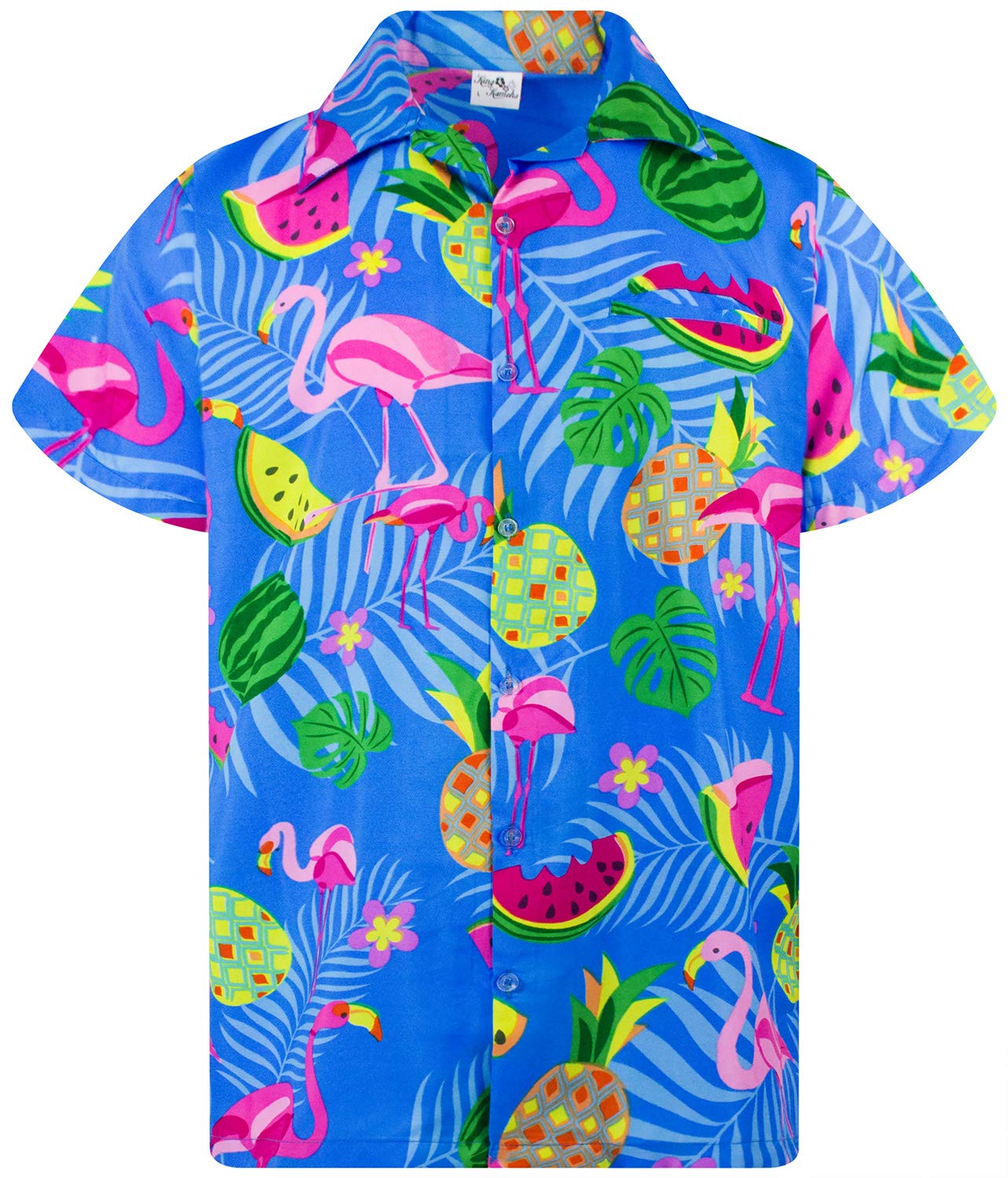 King KamehaHawaiian Shirt Men Fruit-Designs Regular-Shirt Short-Sleeve, Flamingo-Melon, Indigoblue, XS