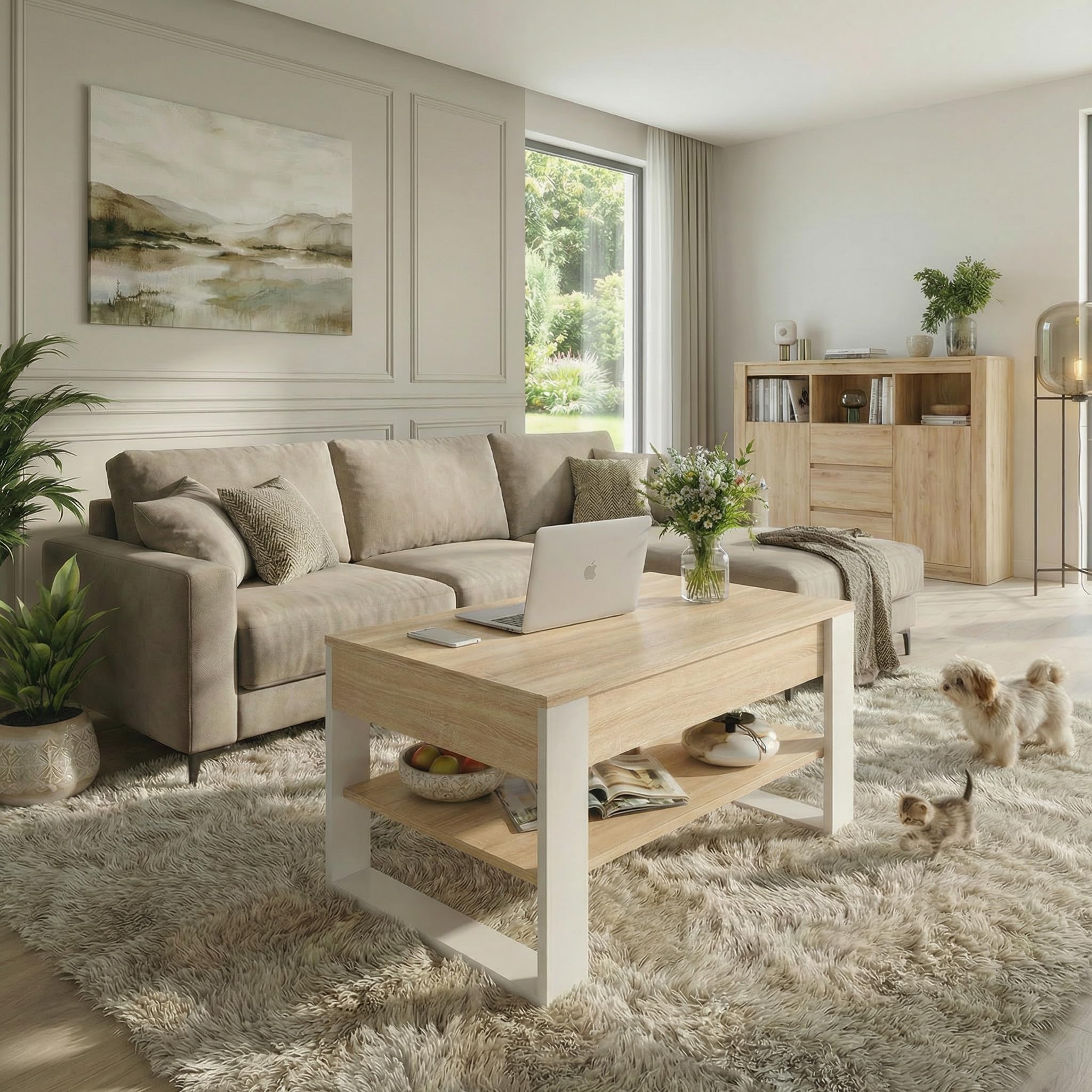 CraftPAK Mesa de Centro elevable con Almacenamiento – Mesa de Centro Plegable – Mesa de salón Ajustable en Altura – Coffee Table – Mesa de salón de Madera Color Blanco