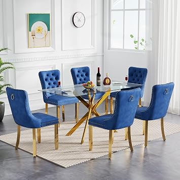 7 Piece Dining Table Set, Modern Dining Table Set for 6 with Chairs, 51" Rectangle Glass Dining Table and 6 Upholstered Velvet Chairs, Kitchen Dining Room Table Set for 6 for Dinette, Blue & Gold