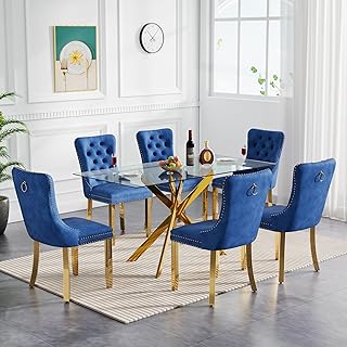 Dining Table Set for 6, Kitchen Table Chairs Set of 6, Modern Glass Dining Room Table Set, Glass Dining Table with 6 Upholstered Velvet Chairs, 7-Piece Glass Dining Table Set,Navy Blue & Gold