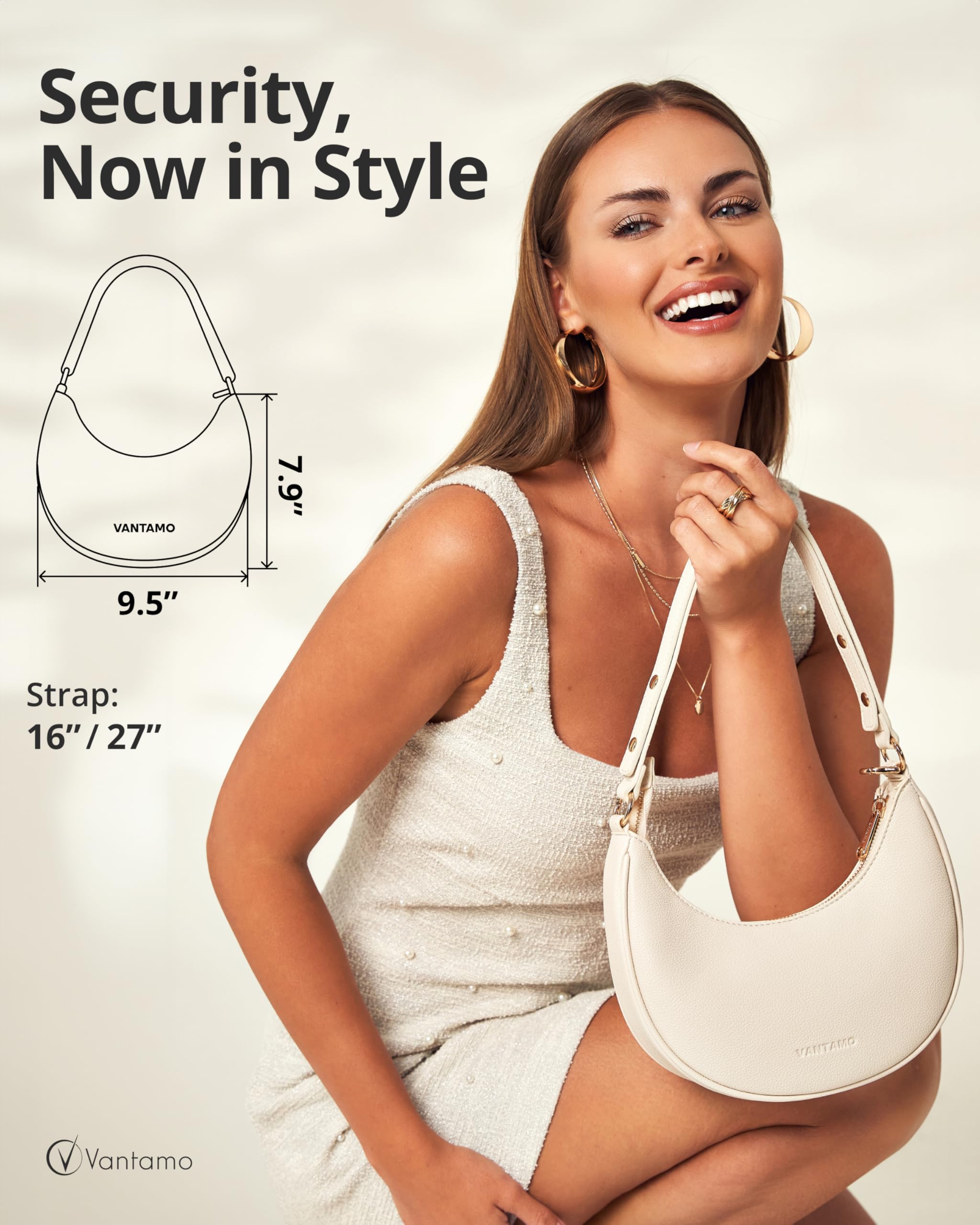 Vantamo Crescent Bags For Women with RFID Protection, Half Moon Clutch Purses for Women with Anti-Theft Clip for Extra Safety: Off-white