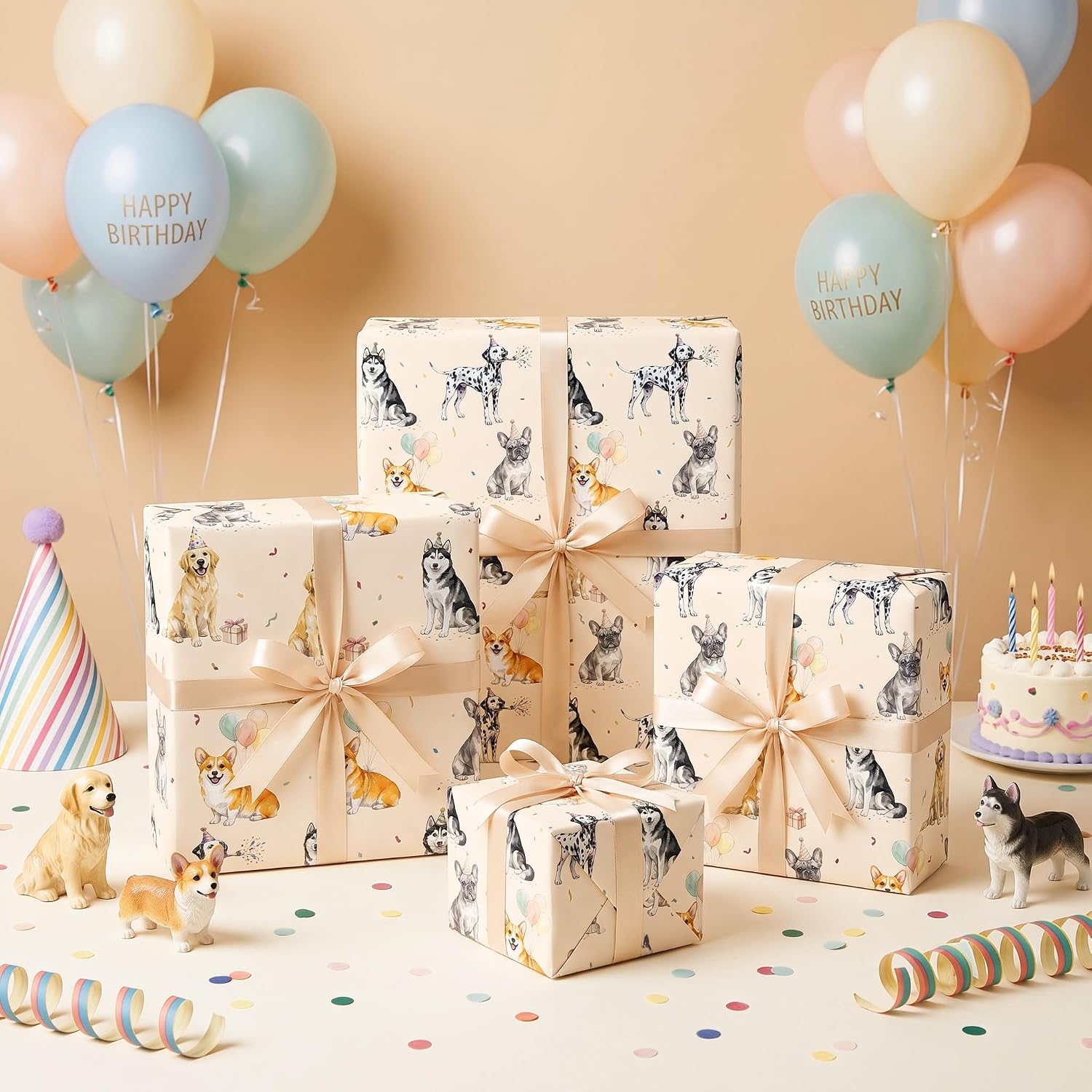 RUSPEPA Dog Birthday Wrapping Paper Roll, Mini Roll, Watercolor Corgi, French Bulldog, Husky, Golden Retriever & Dalmatian Design Gift Wrap for Kids, Boys, Girls, Dog Lovers, Birthday Party, 17 Inches x 9.8 Feet image 5